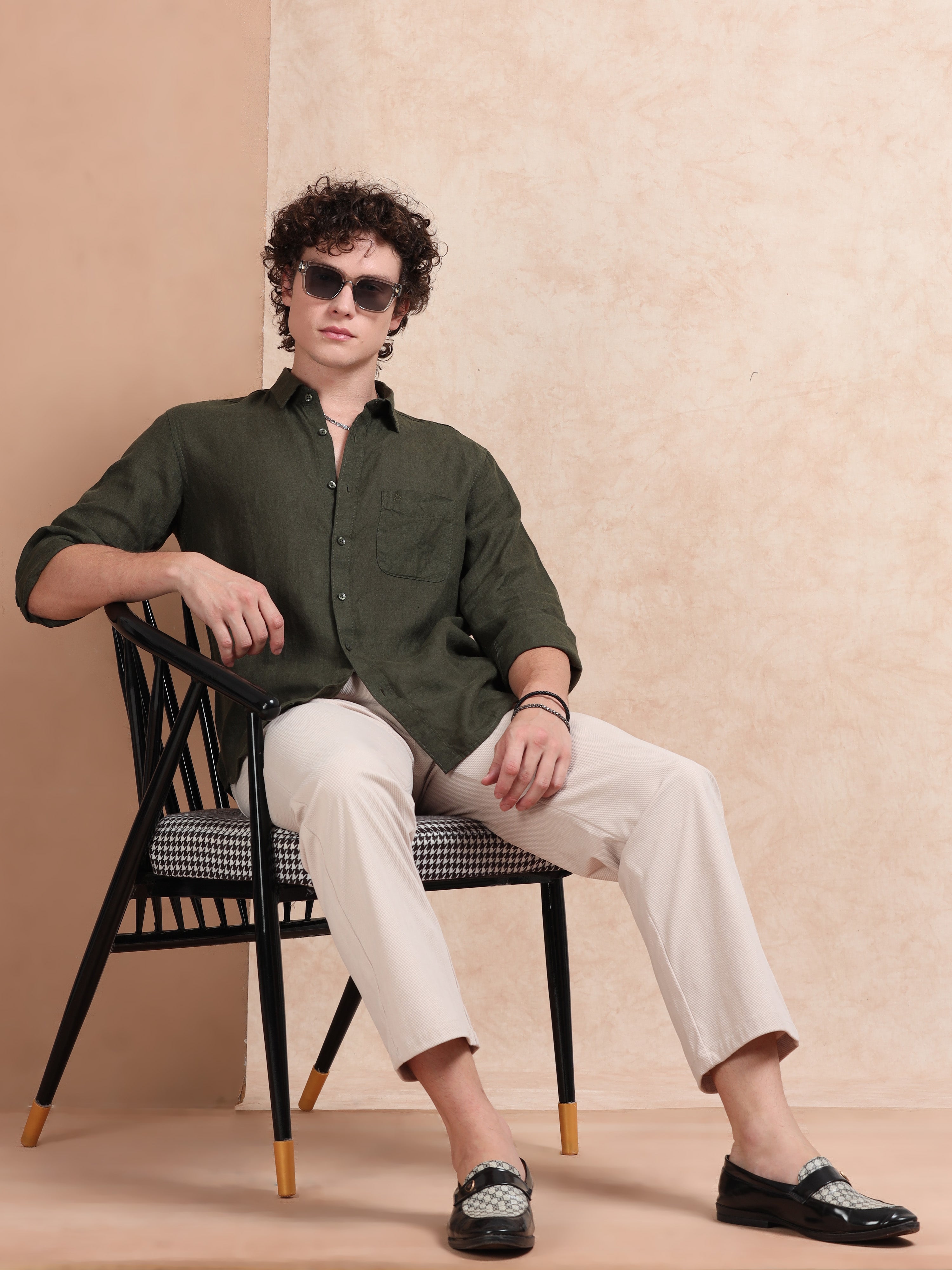 MEN'S BT.GREEN SOLID SLIM FIT LINEN SHIRT