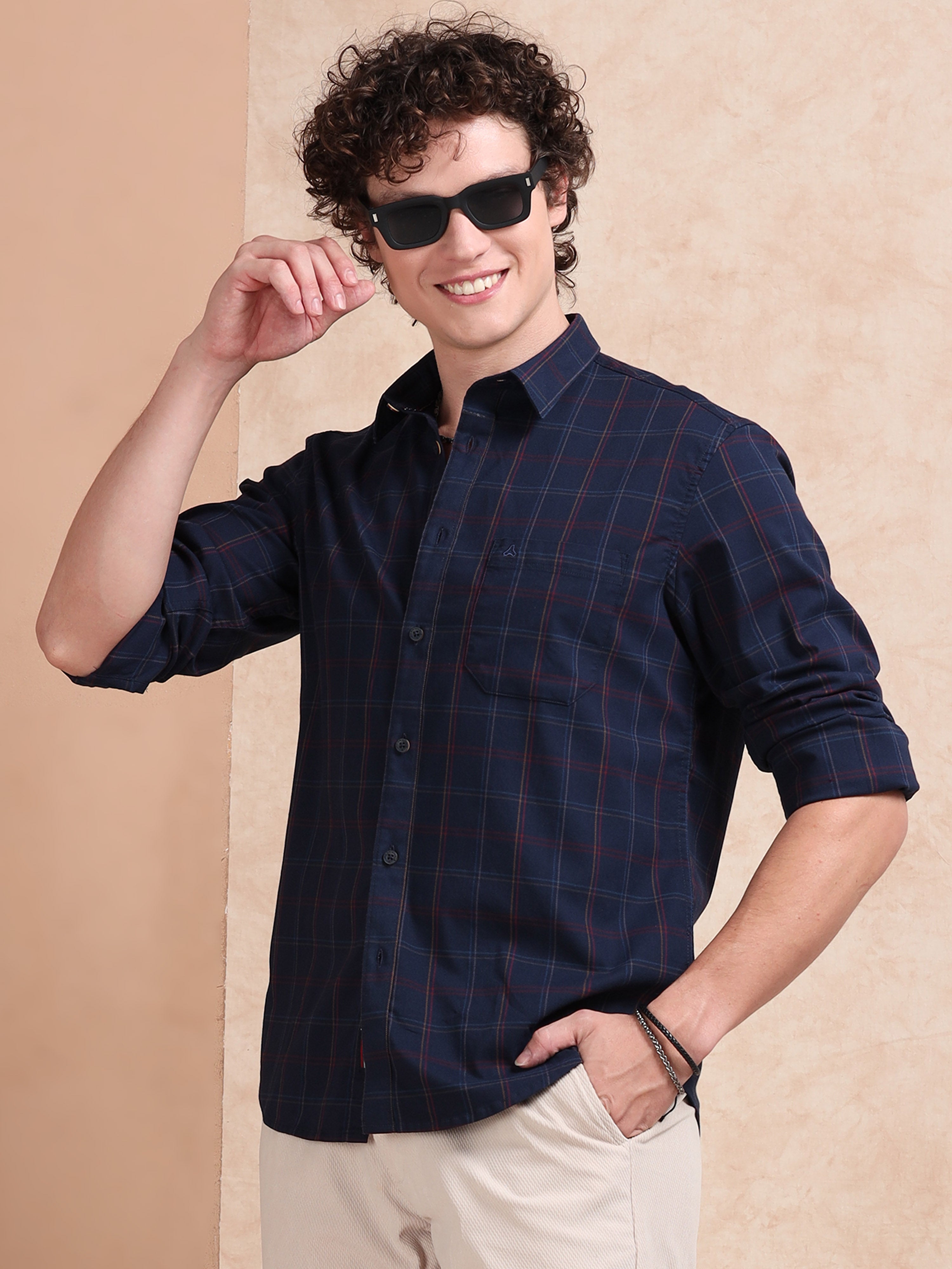MEN'S NAVY CHECKS SLIM FIT SHIRT