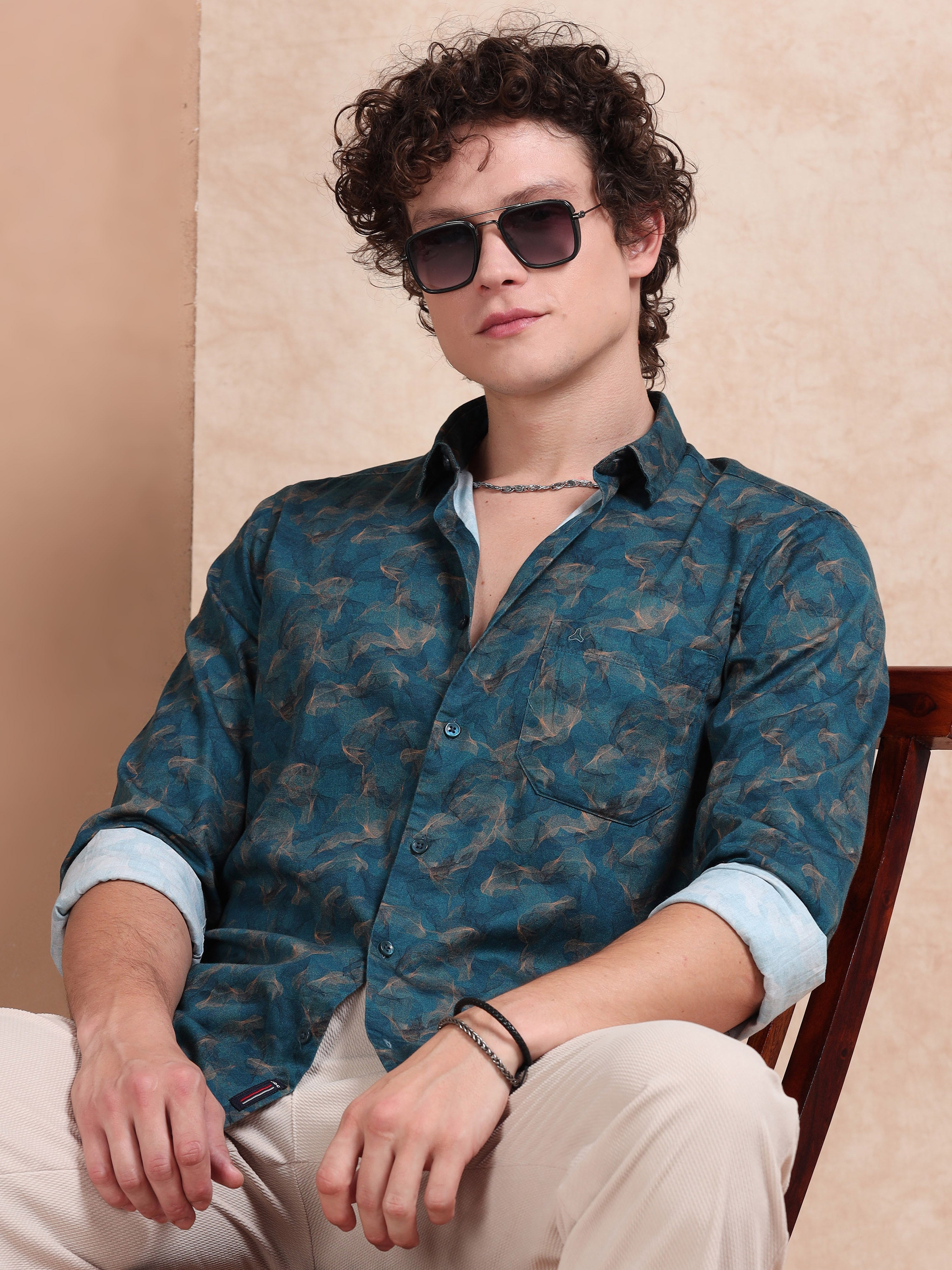 MEN'S TEEL GREEN PRINT SLIM FIT SHIRT