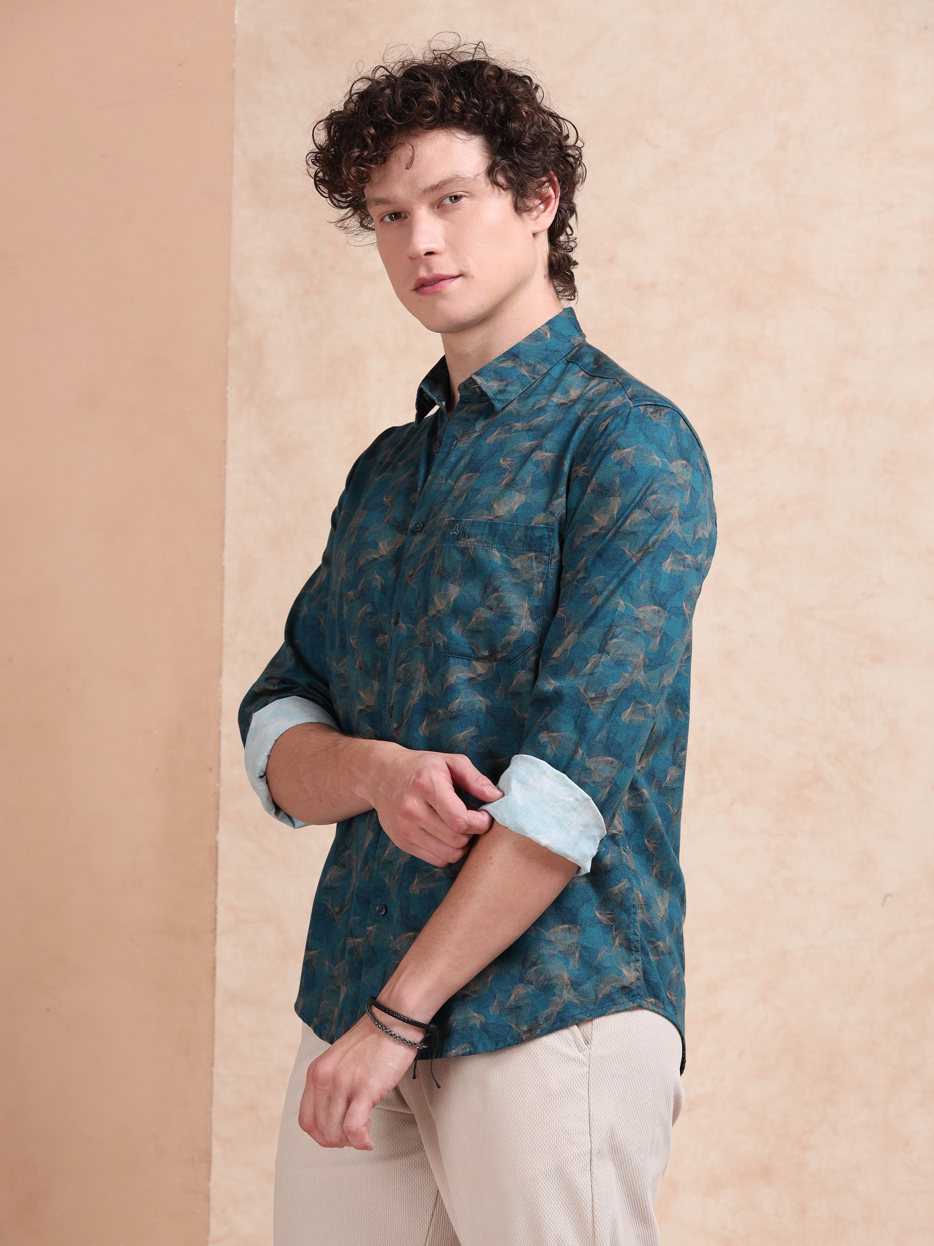 MEN'S TEEL GREEN PRINT SLIM FIT SHIRT