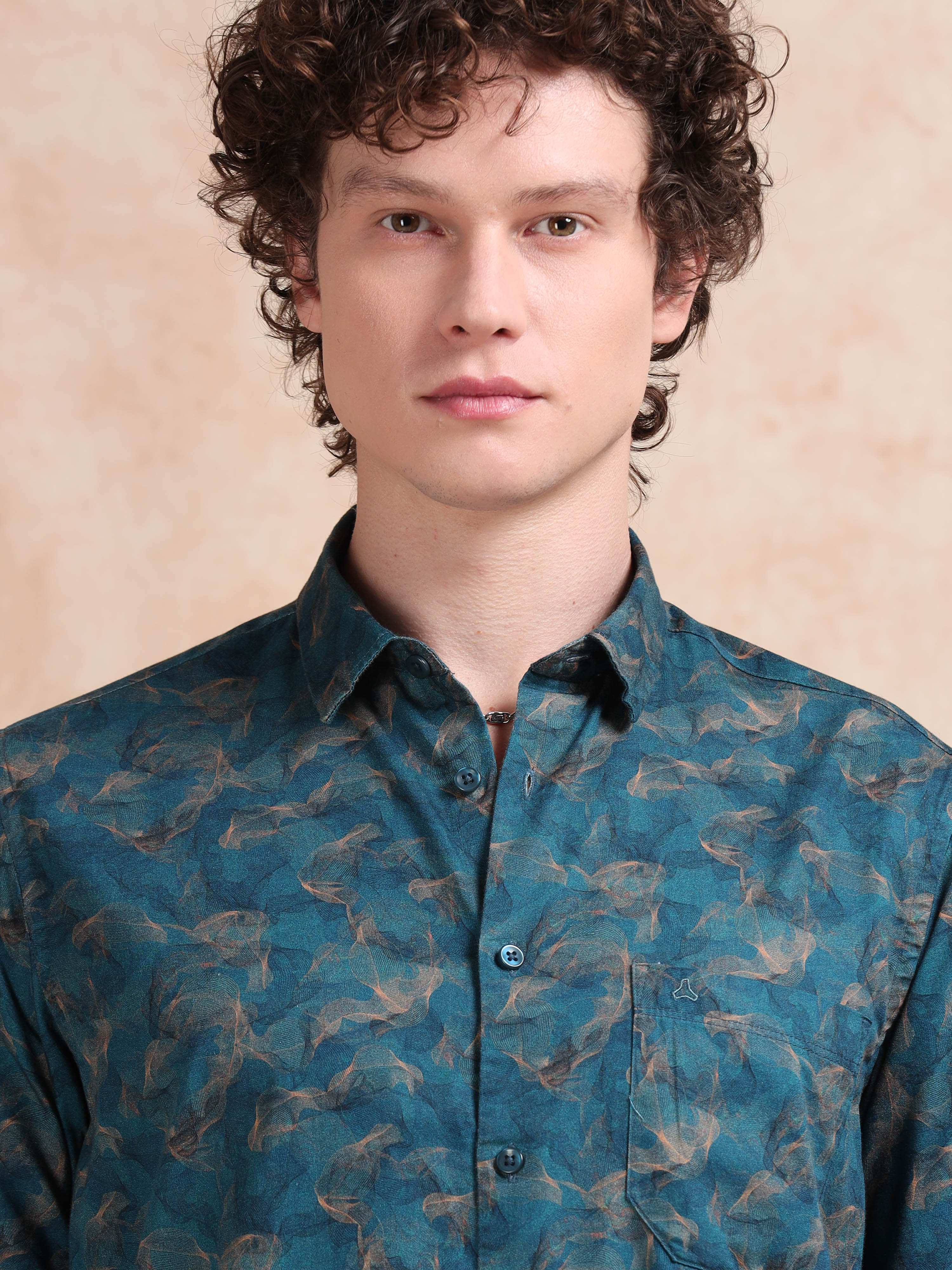 MEN'S TEEL GREEN PRINT SLIM FIT SHIRT