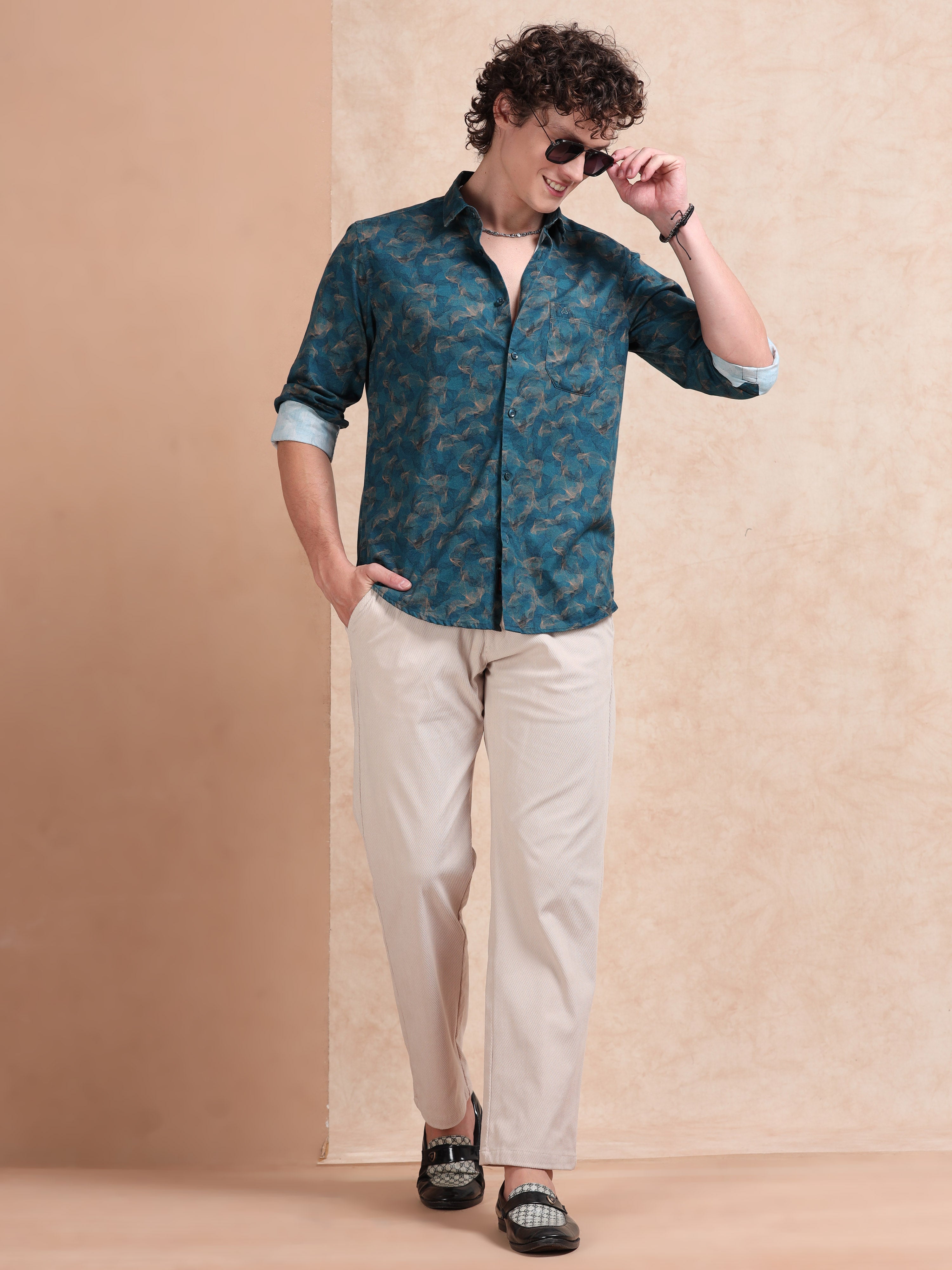 MEN'S TEEL GREEN PRINT SLIM FIT SHIRT