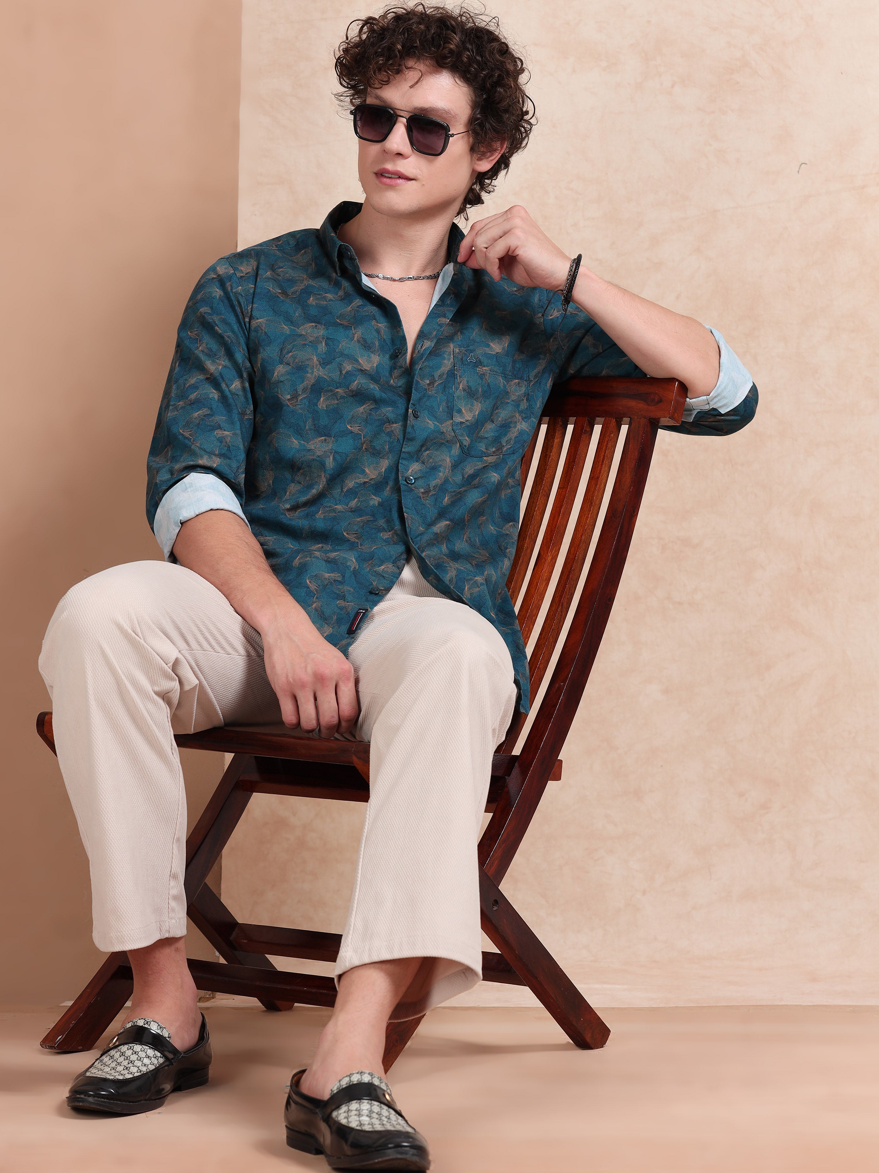 MEN'S TEEL GREEN PRINT SLIM FIT SHIRT