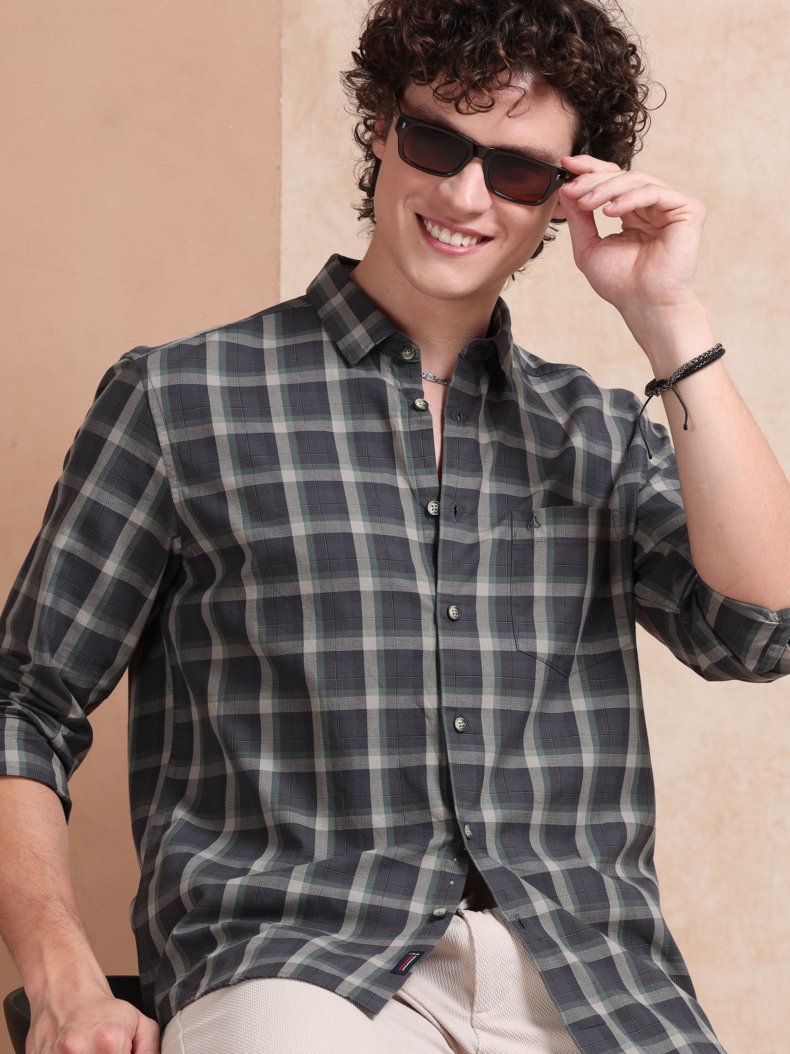 MEN'S GREEN CHECKS SLIM FIT SHIRT