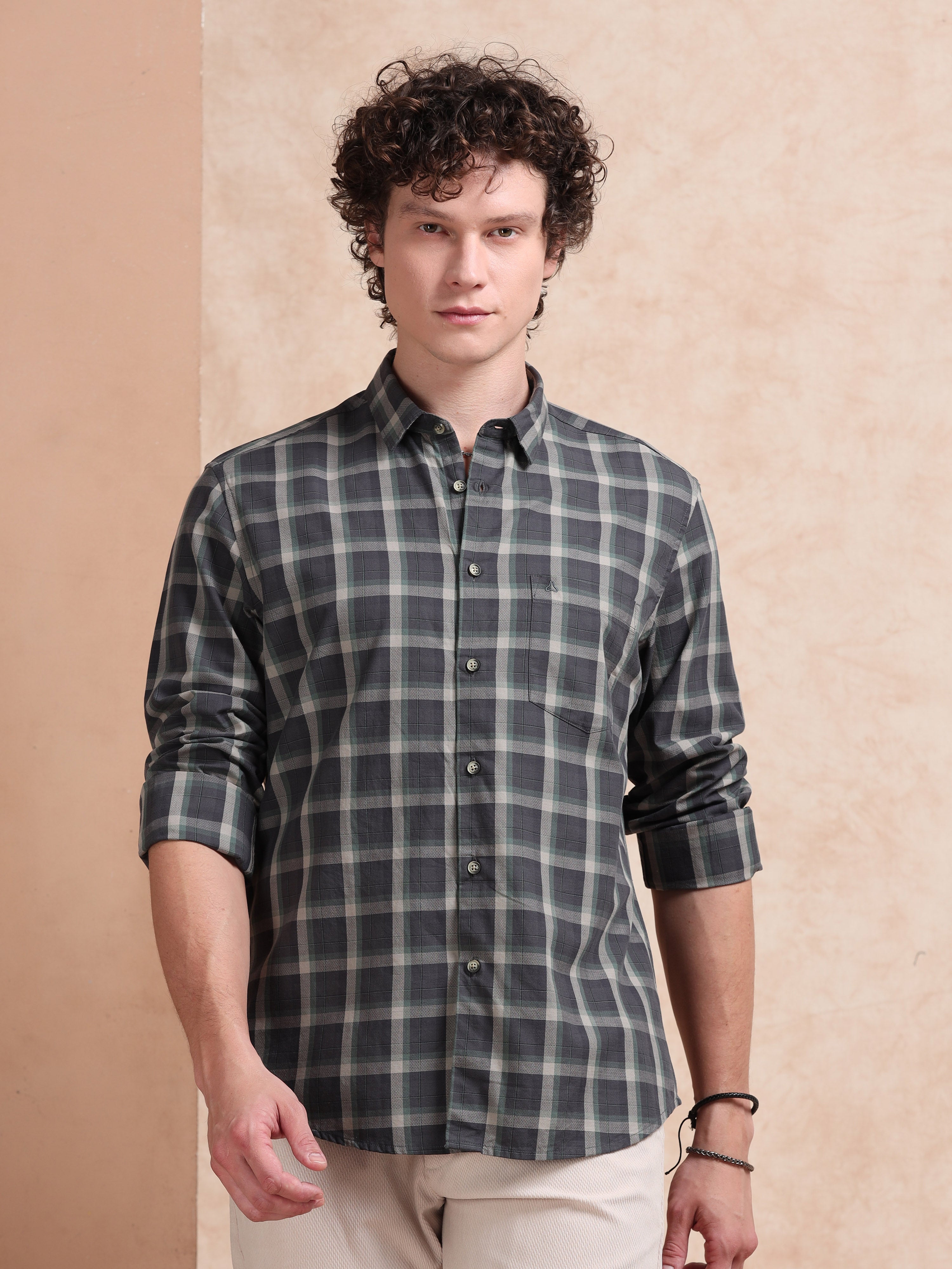 MEN'S GREEN CHECKS SLIM FIT SHIRT