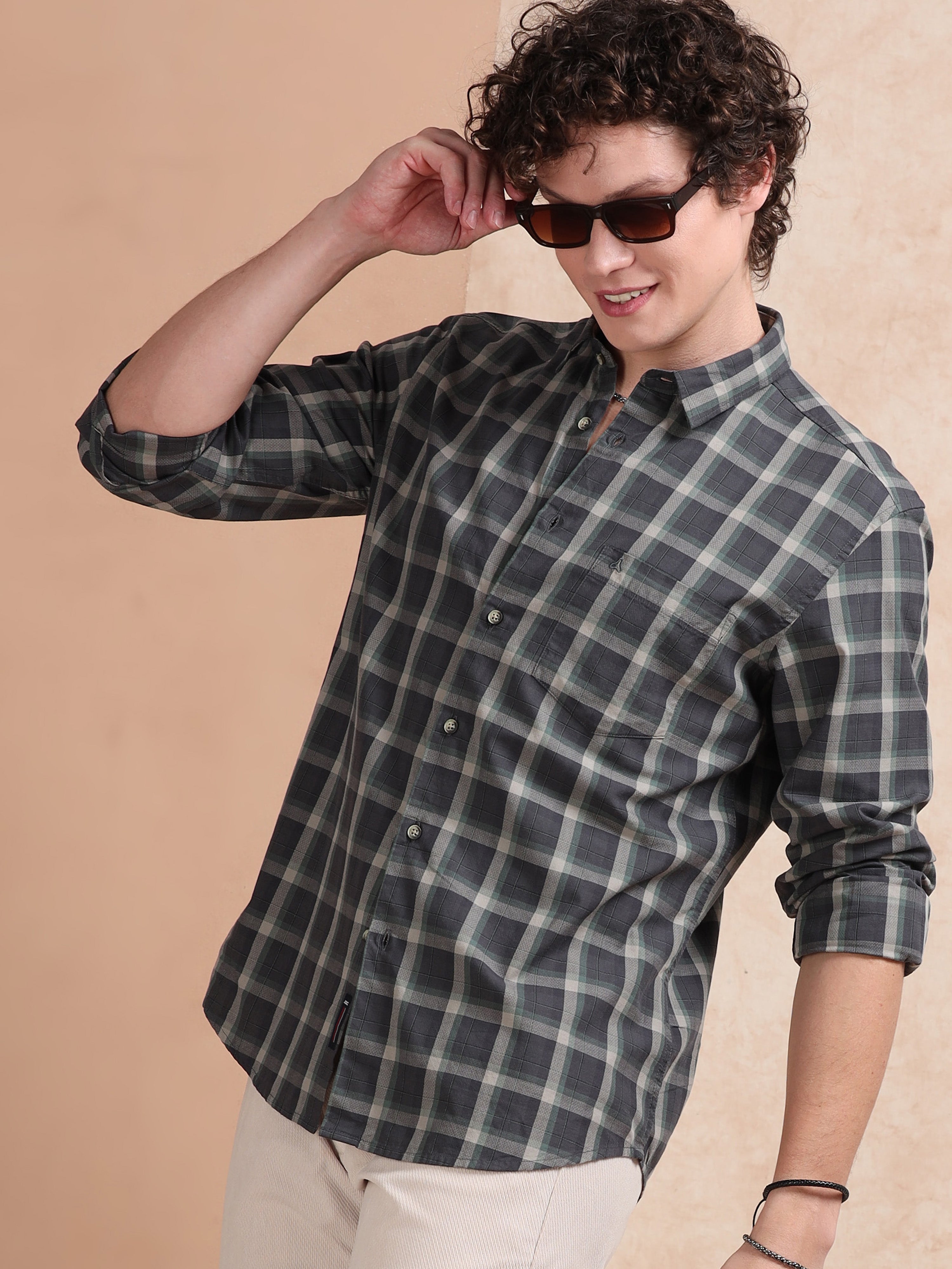 MEN'S GREEN CHECKS SLIM FIT SHIRT