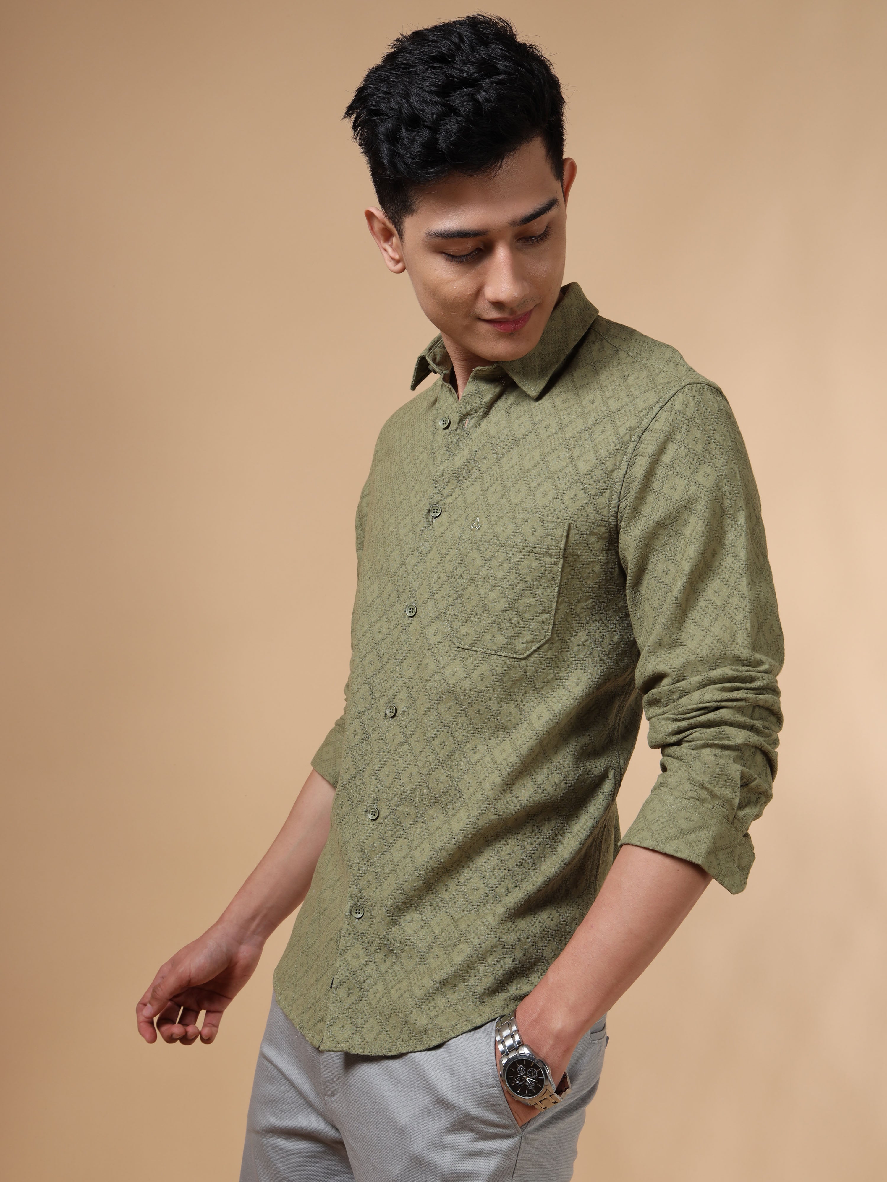 MEN'S PISTA GREEN SOLID SLIM FIT SHIRT