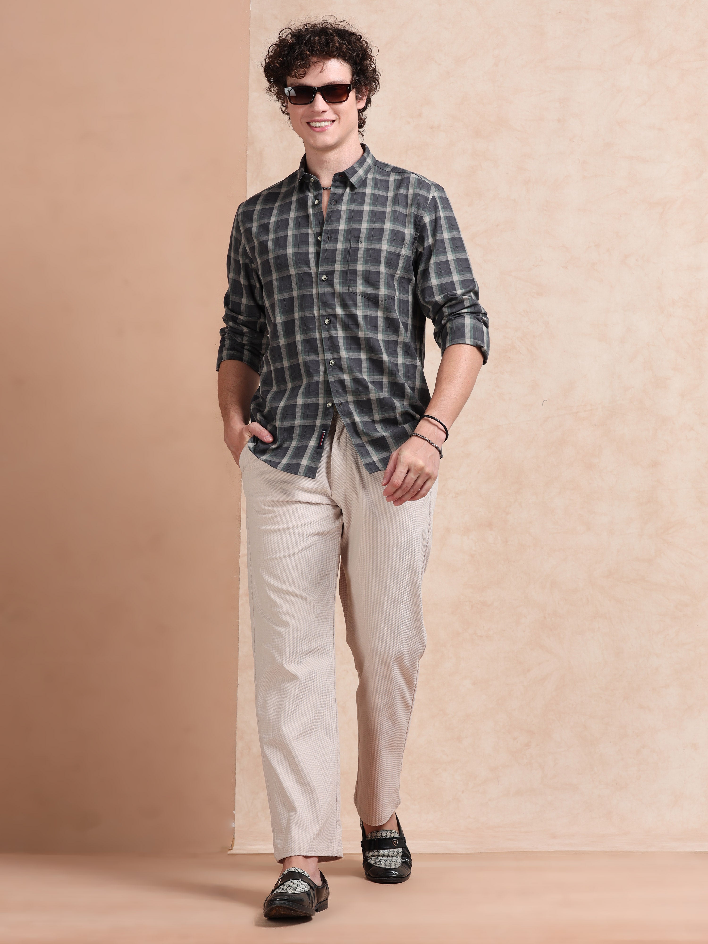 MEN'S GREEN CHECKS SLIM FIT SHIRT