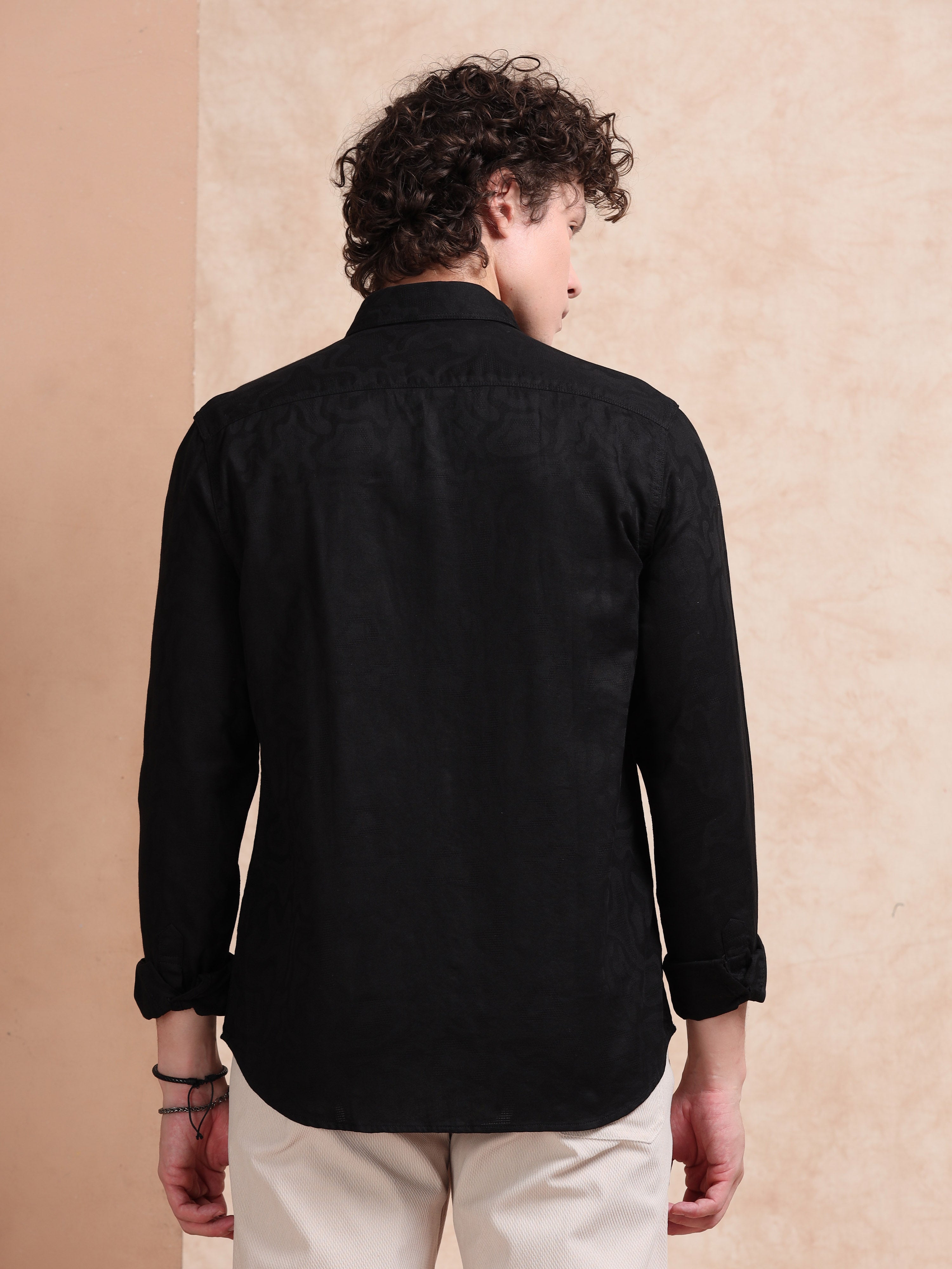 MEN'S BLACK SELF DESIGN SLIM FIT SHIRT