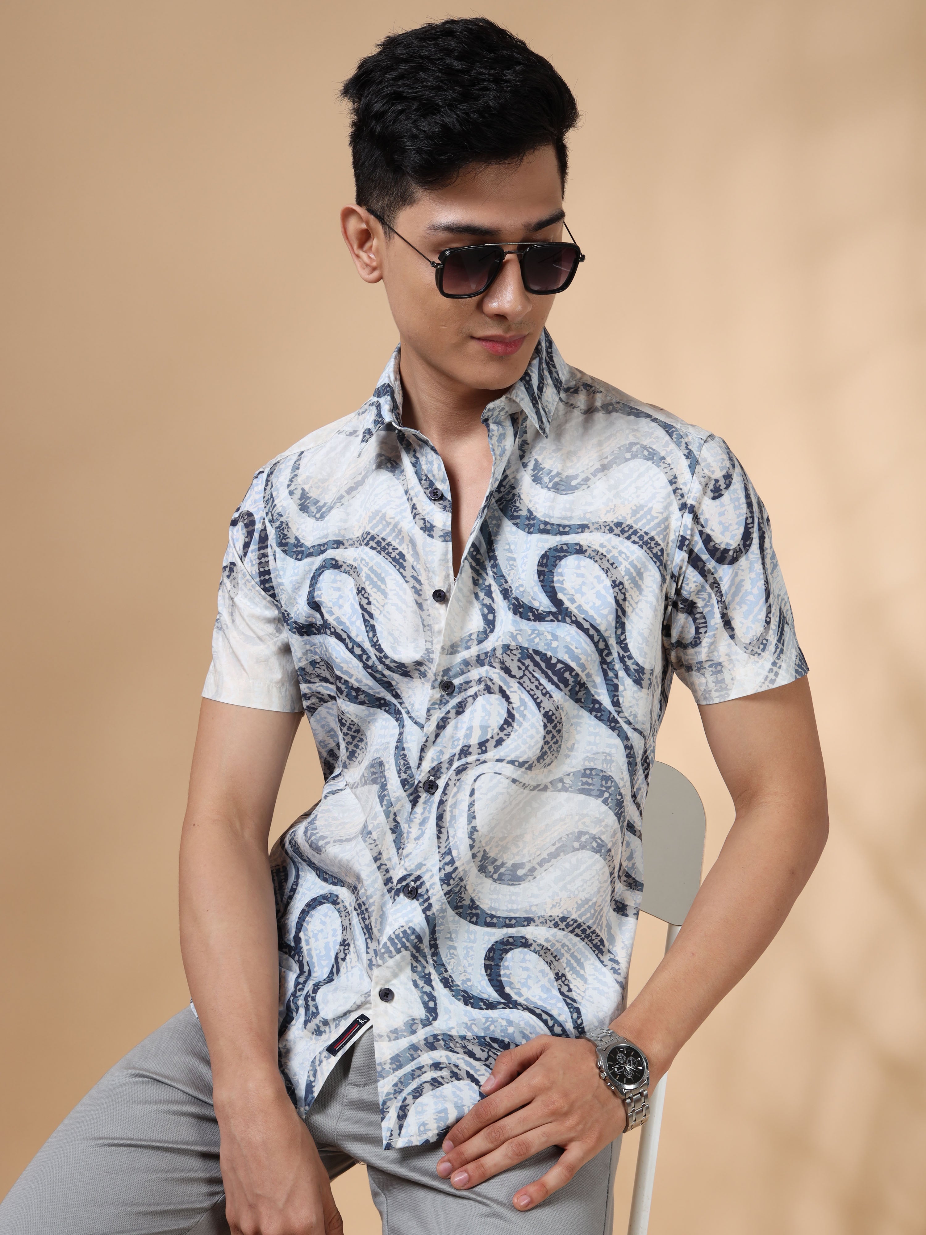 MEN'S NAVY PRINT SLIM FIT SHIRT