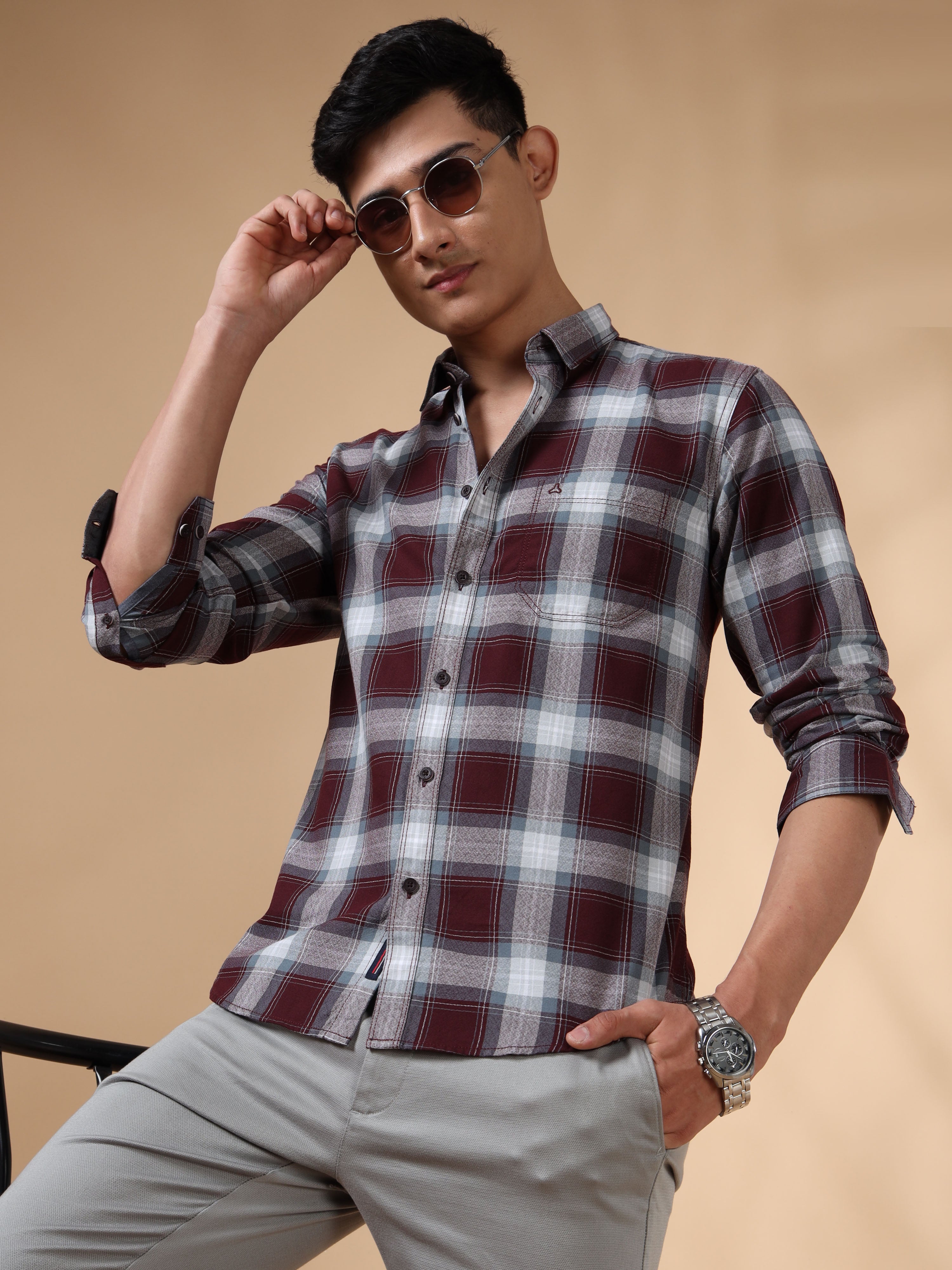 MEN'S BURGUNDY CHECKS SLIM FIT SHIRT