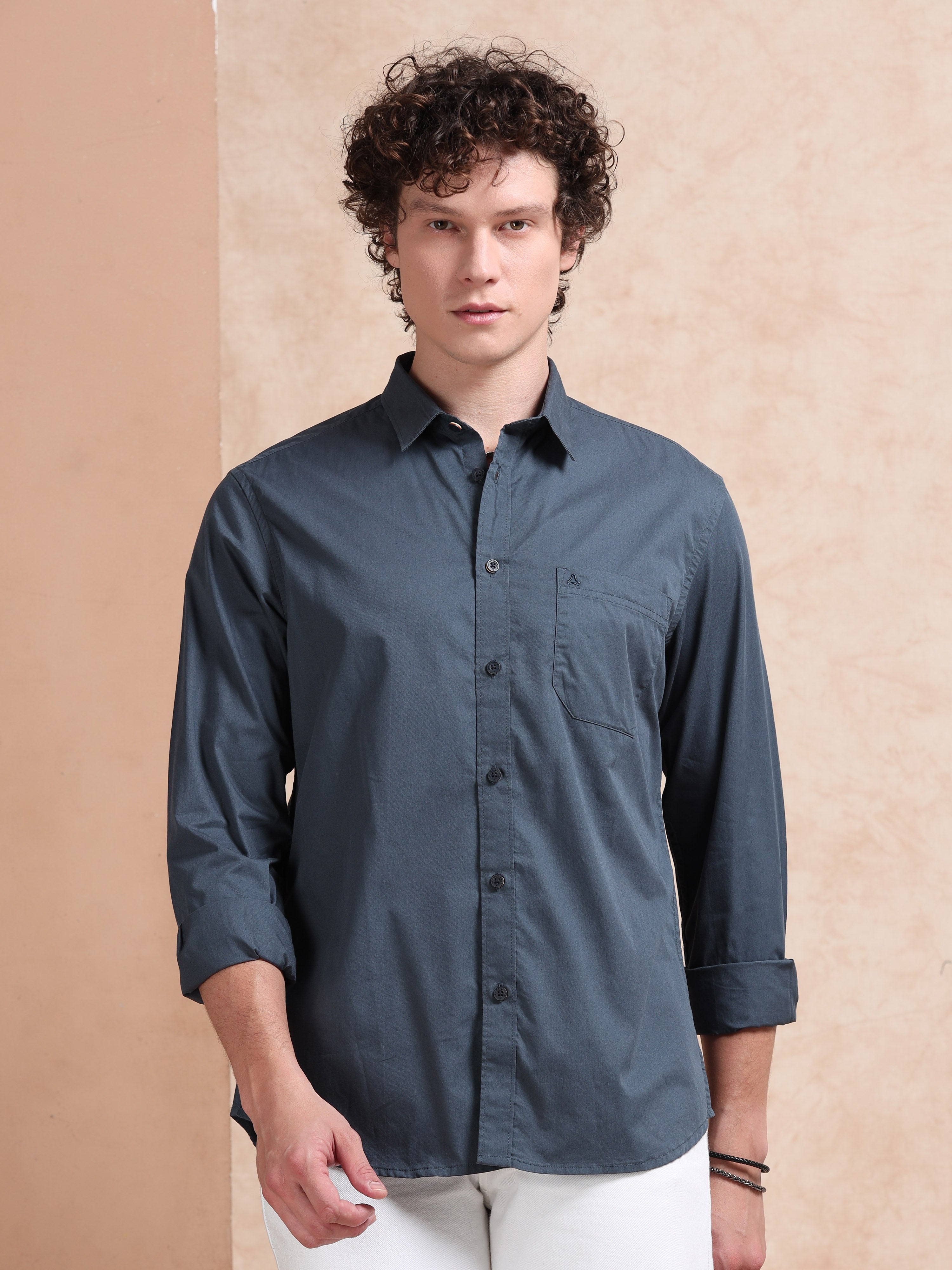 MEN'S GREENISH BLUE SOLID SLIM FIT SHIRT