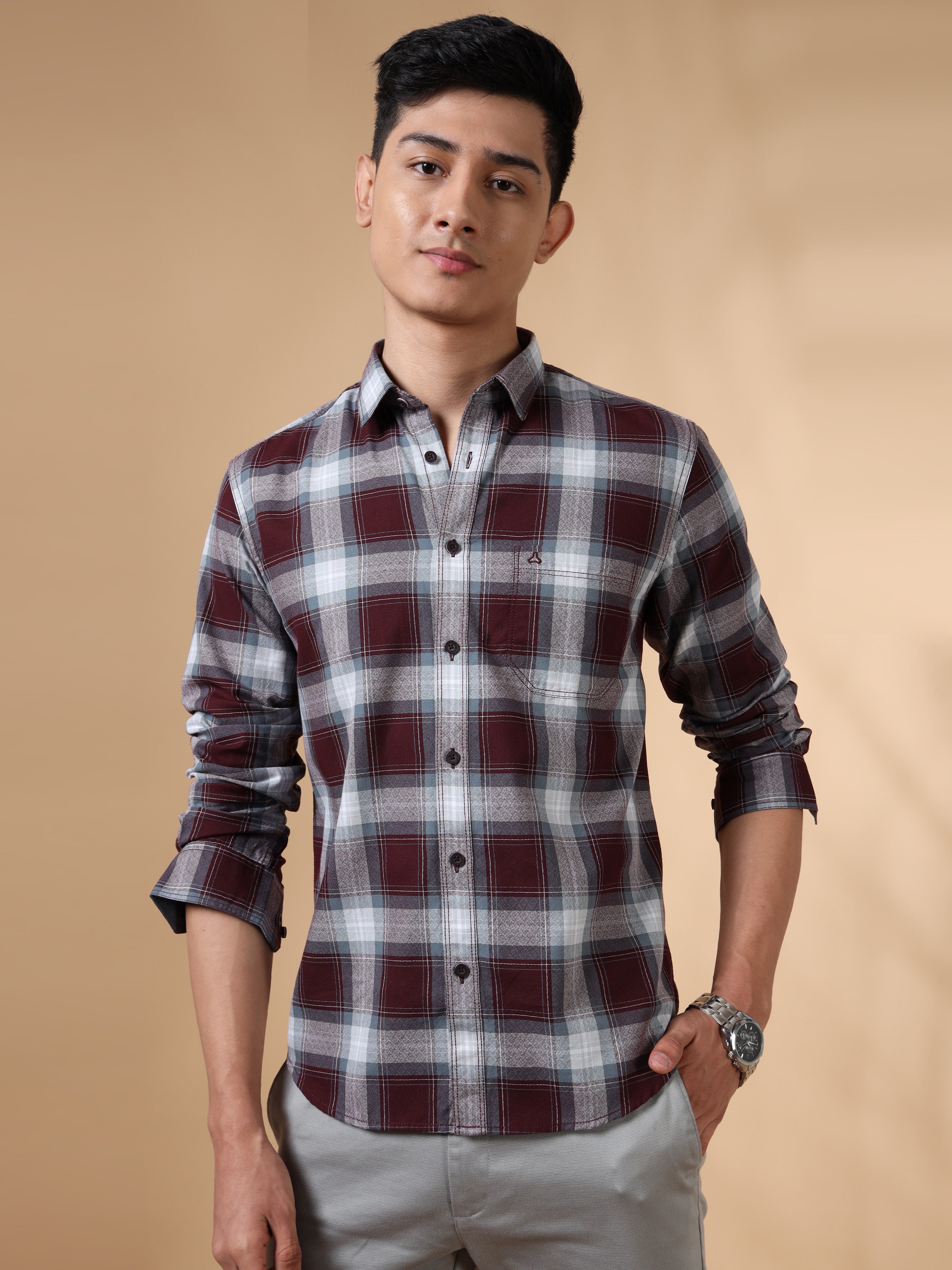 MEN'S BURGUNDY CHECKS SLIM FIT SHIRT