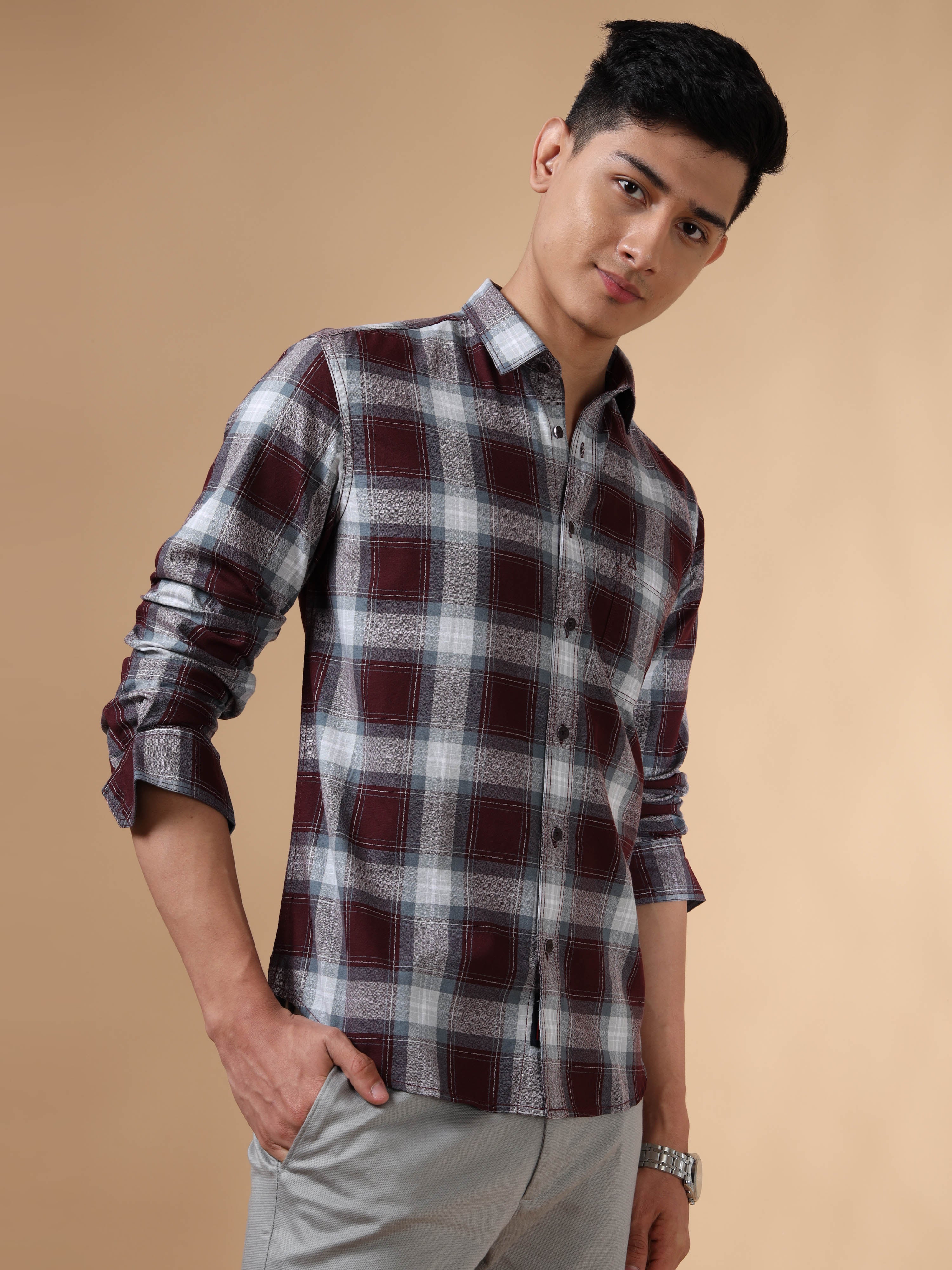 MEN'S BURGUNDY CHECKS SLIM FIT SHIRT