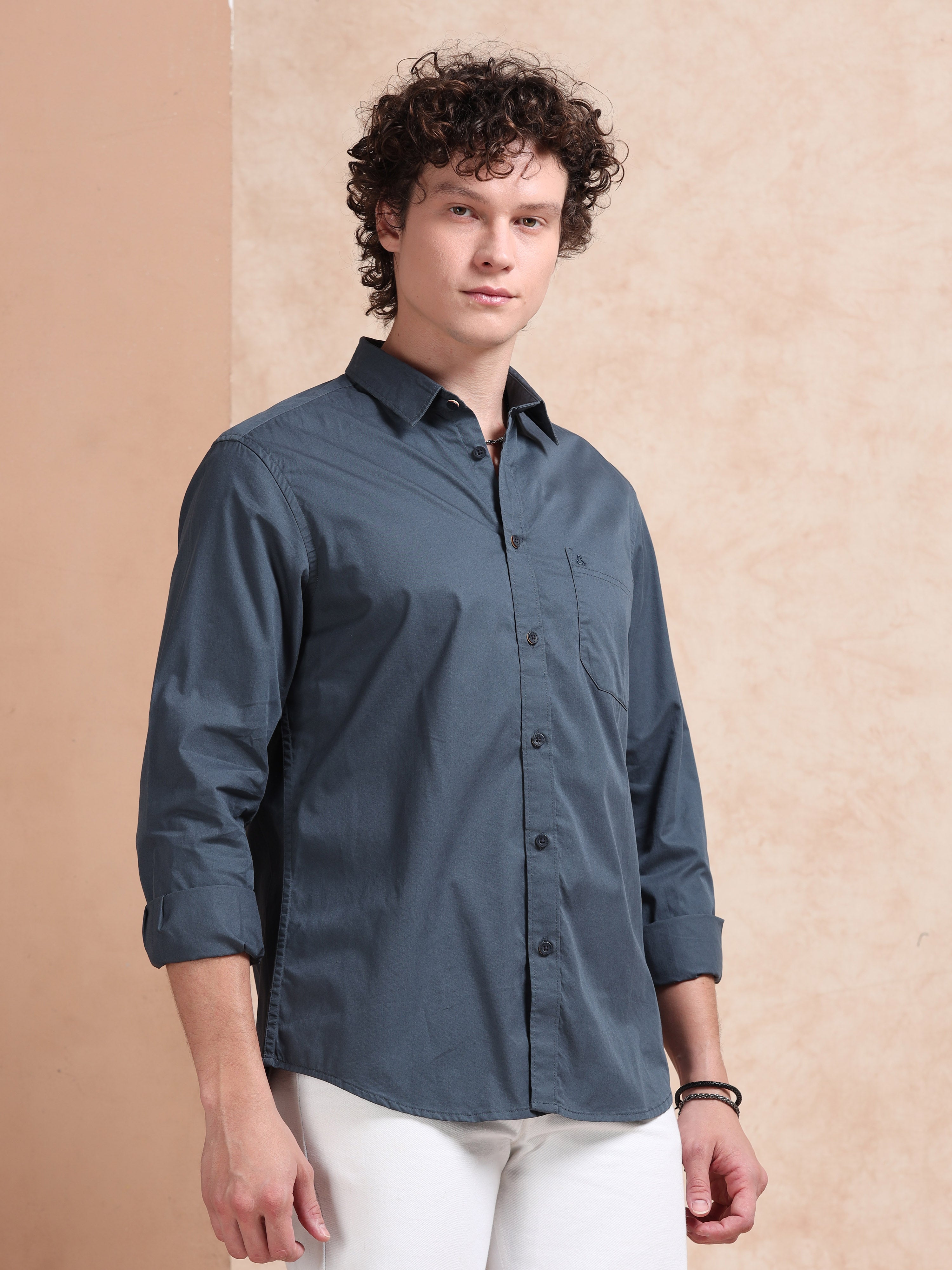 MEN'S GREENISH BLUE SOLID SLIM FIT SHIRT