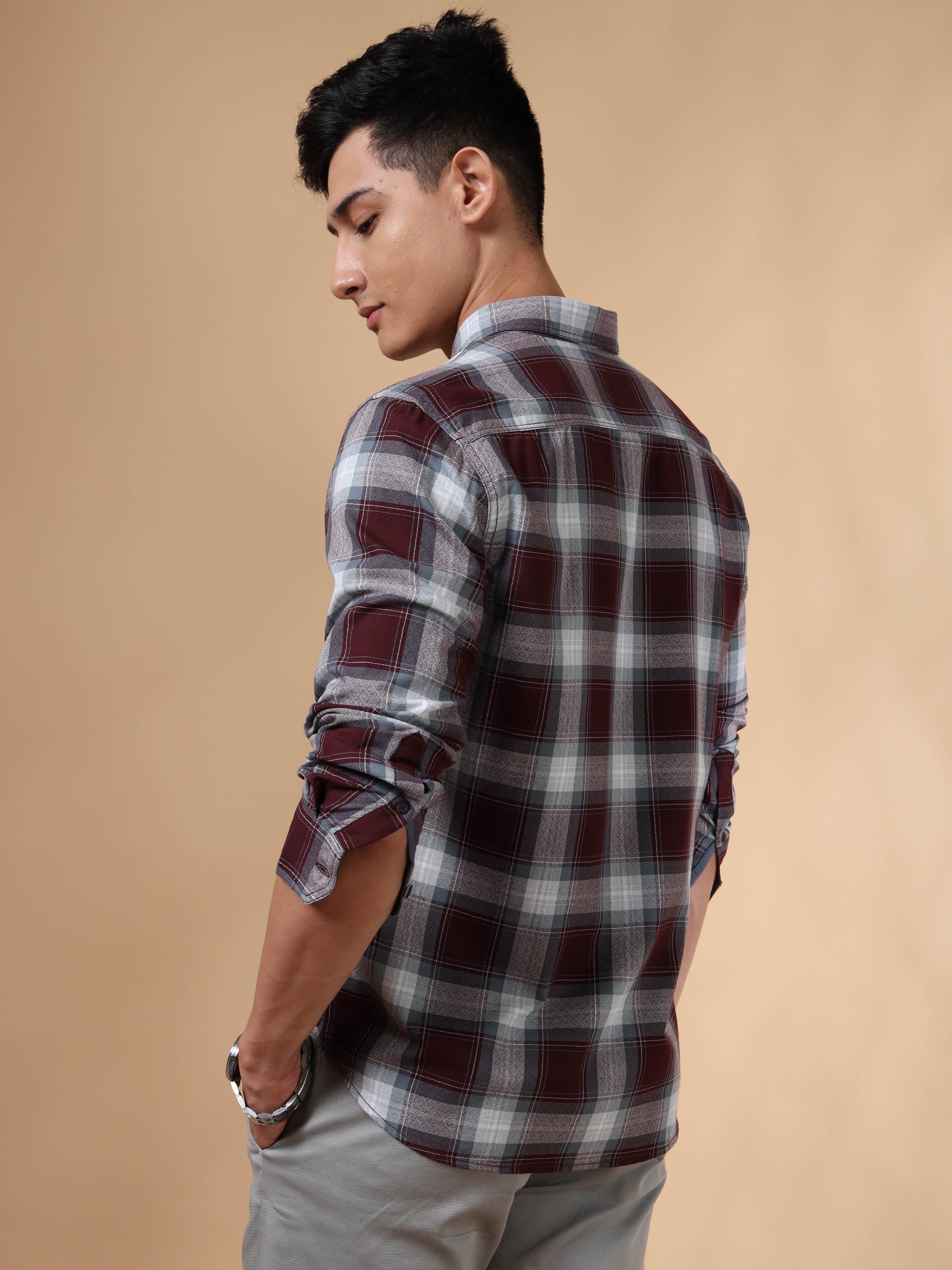 MEN'S BURGUNDY CHECKS SLIM FIT SHIRT