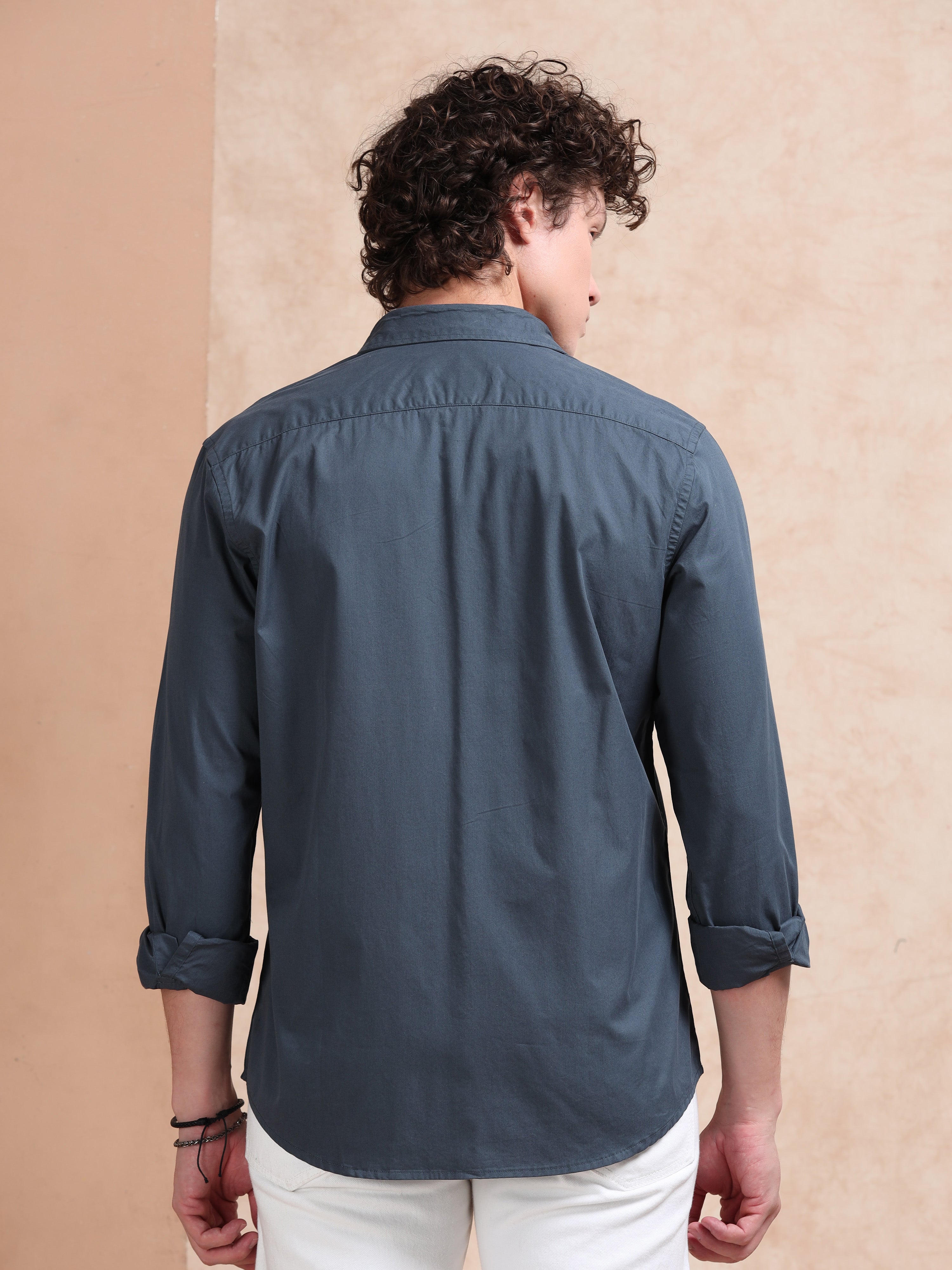 MEN'S GREENISH BLUE SOLID SLIM FIT SHIRT