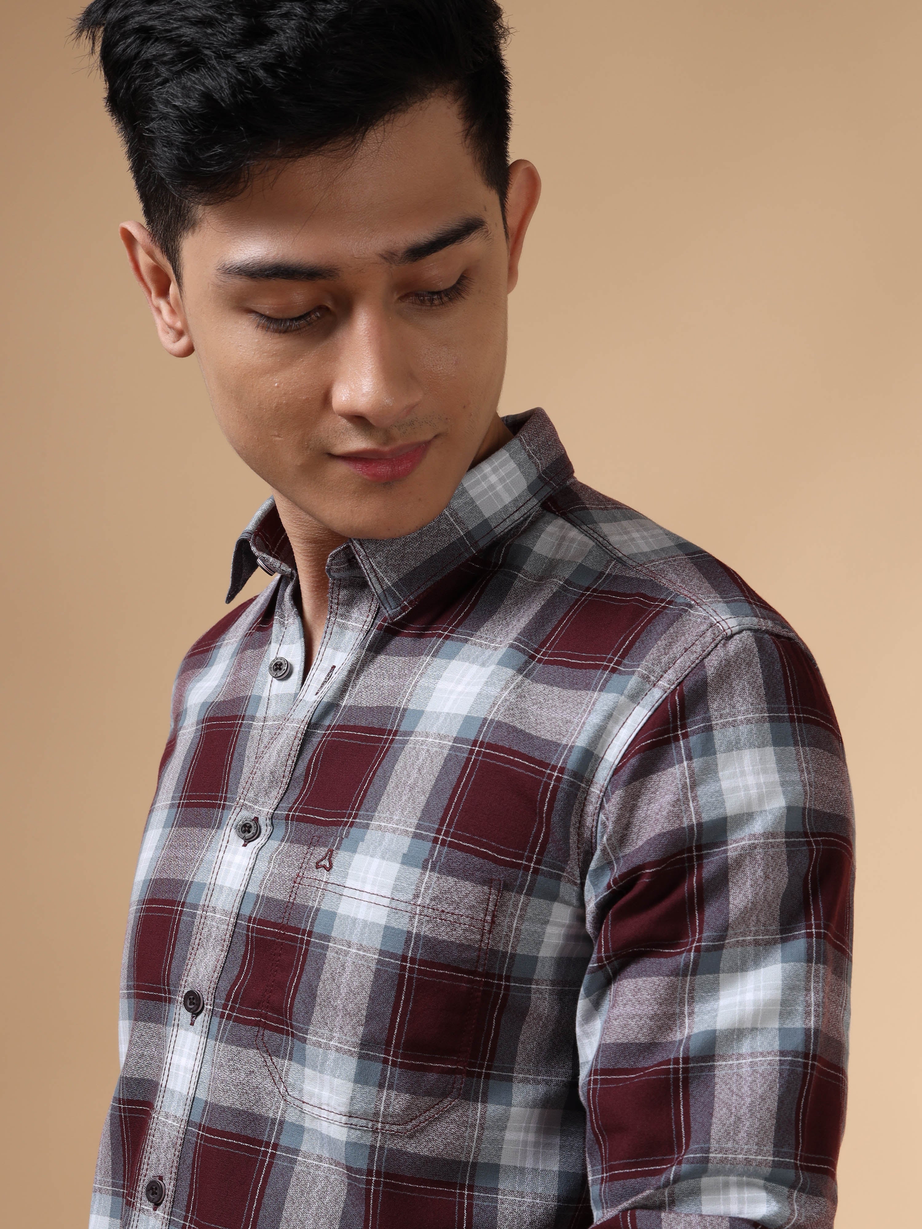 MEN'S BURGUNDY CHECKS SLIM FIT SHIRT