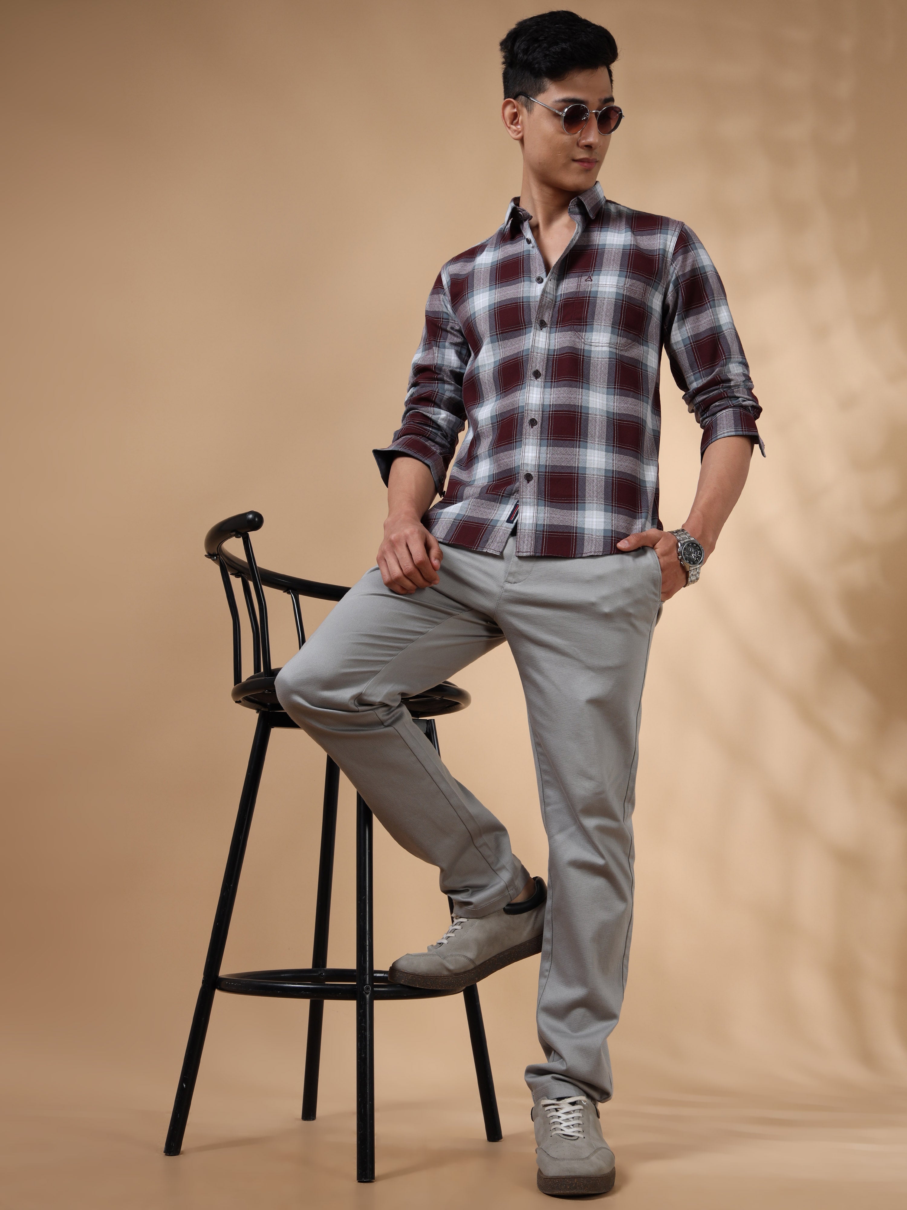 MEN'S BURGUNDY CHECKS SLIM FIT SHIRT