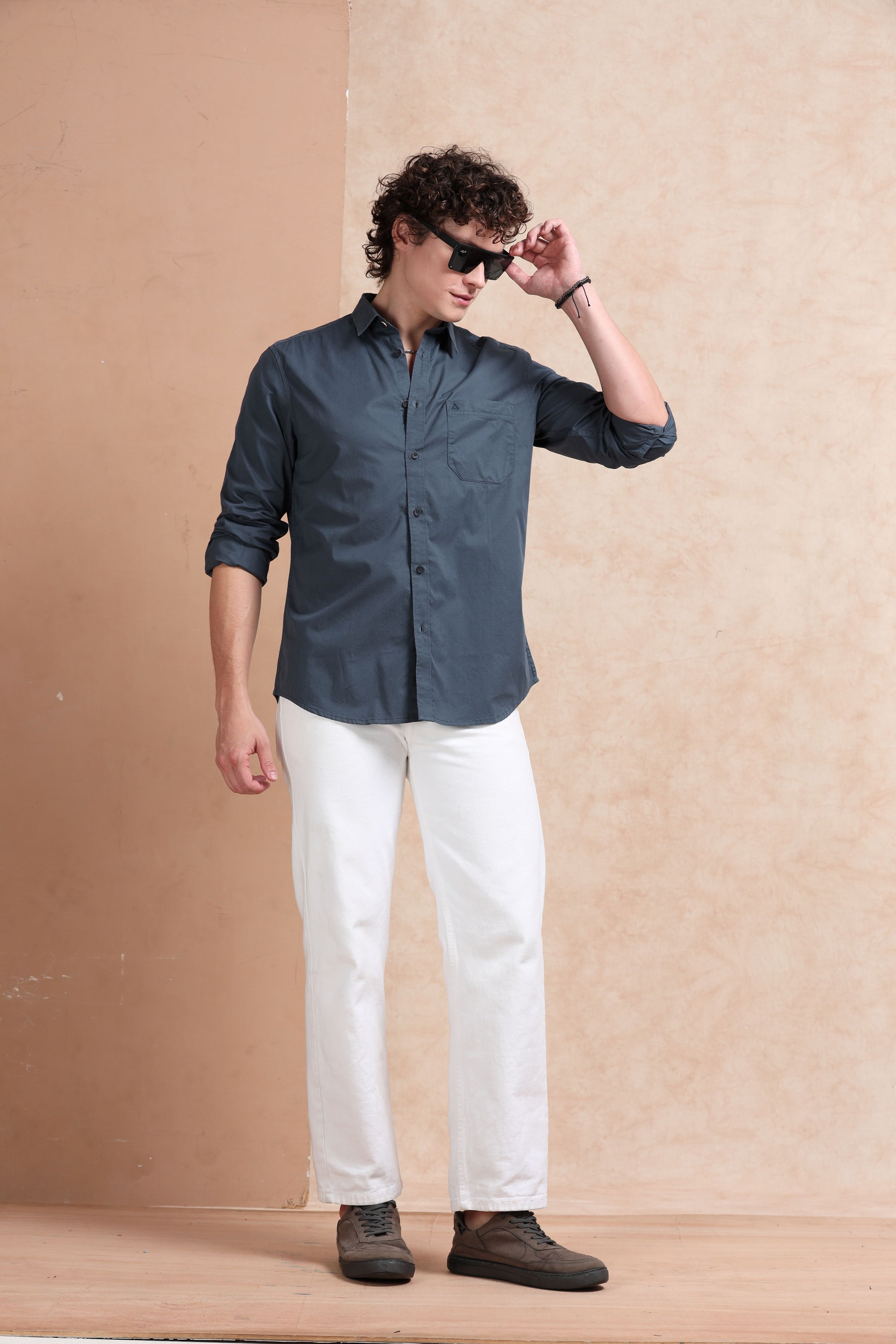 MEN'S GREENISH BLUE SOLID SLIM FIT SHIRT