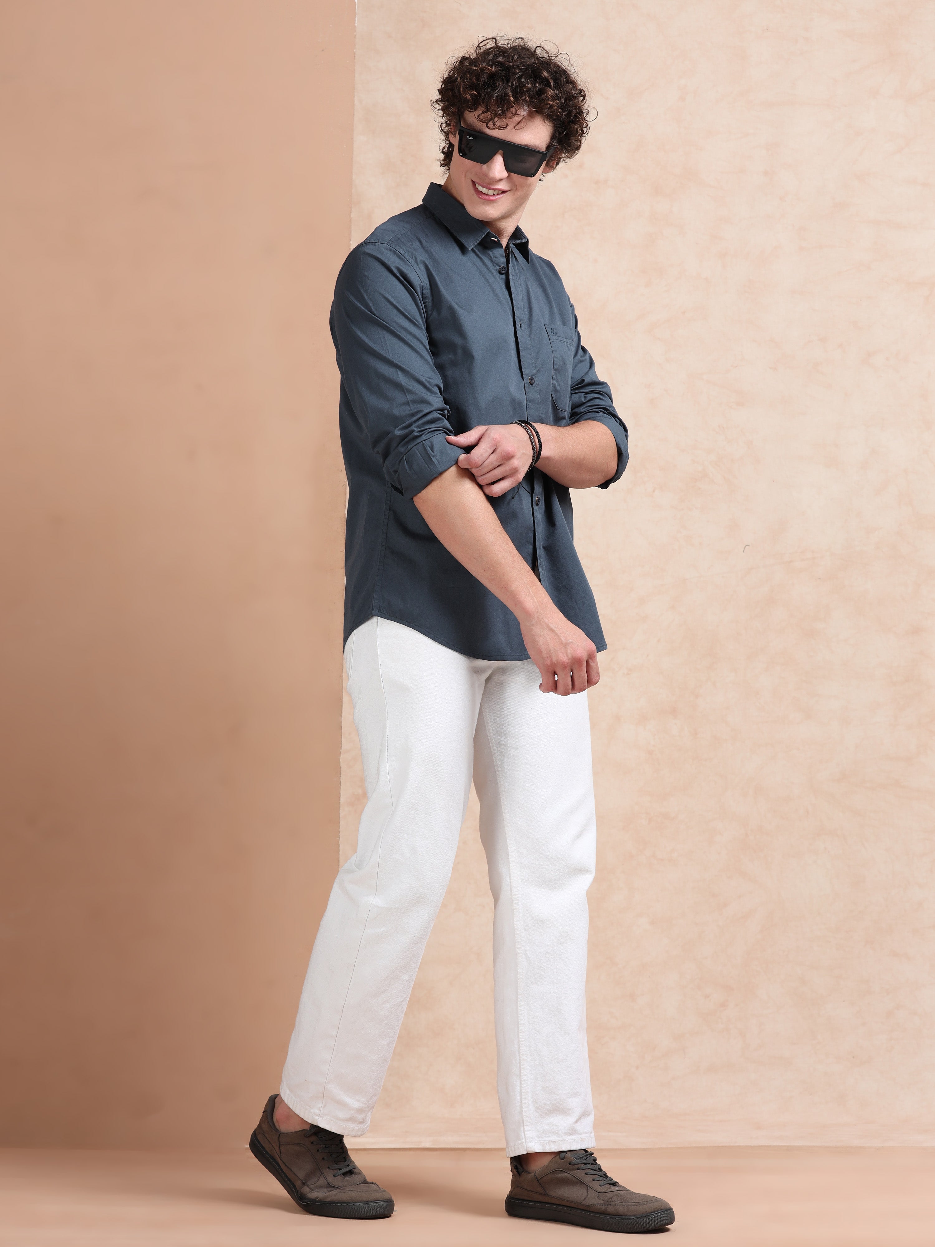 MEN'S GREENISH BLUE SOLID SLIM FIT SHIRT