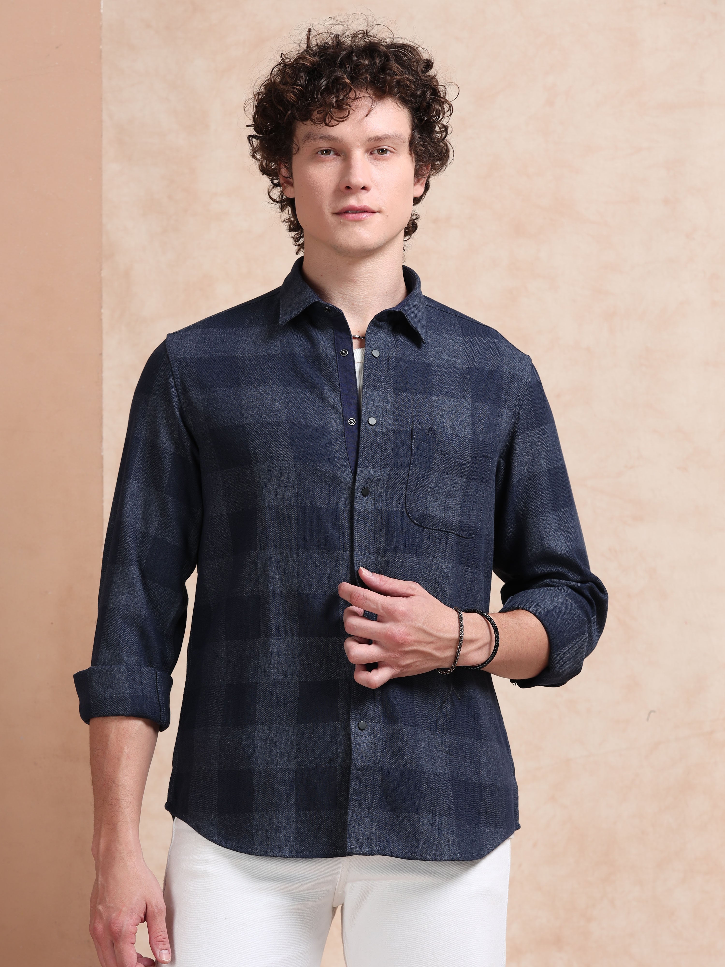 MEN'S NAVY CHECKS SLIM FIT SHIRT