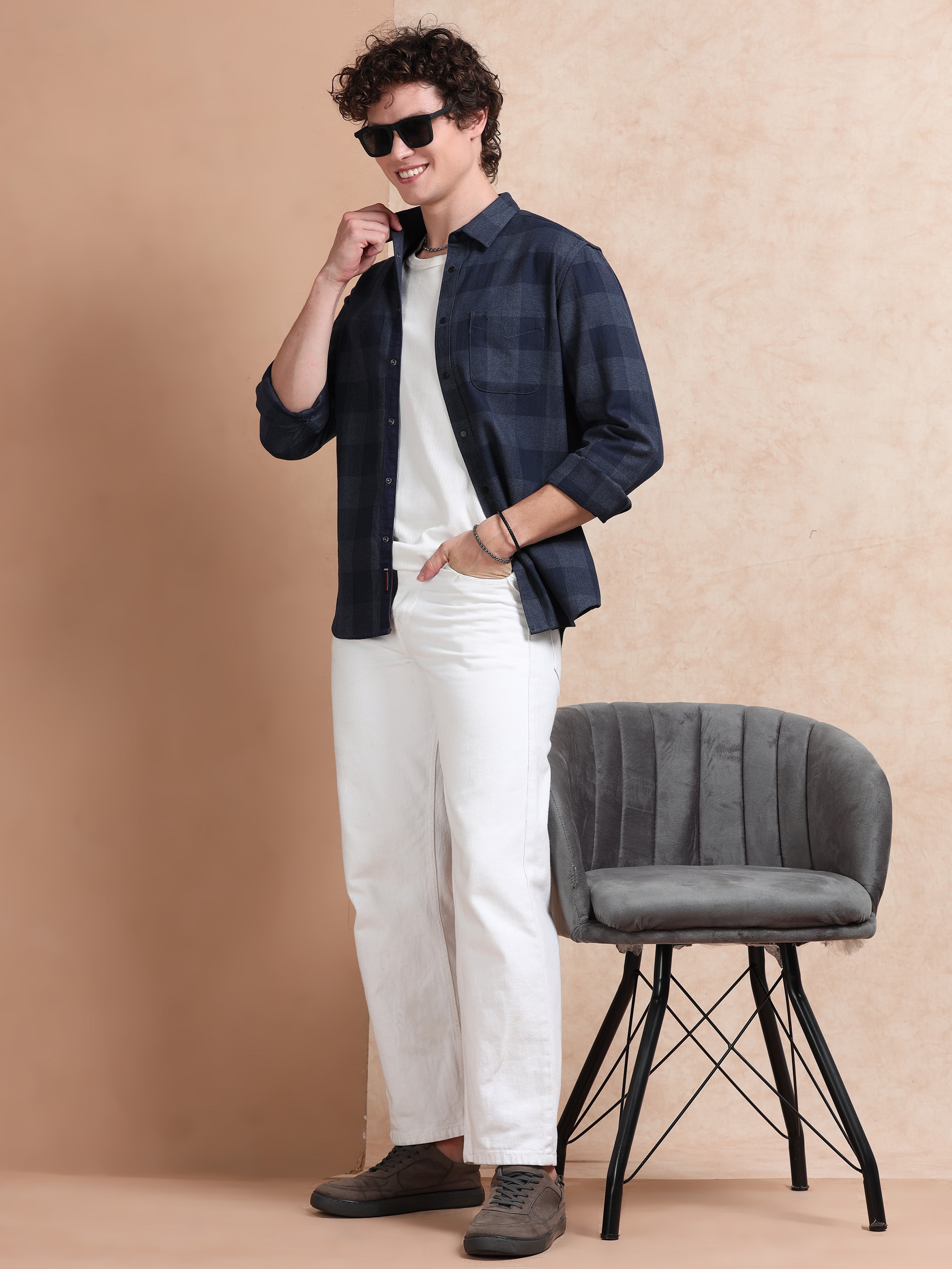 MEN'S NAVY CHECKS SLIM FIT SHIRT