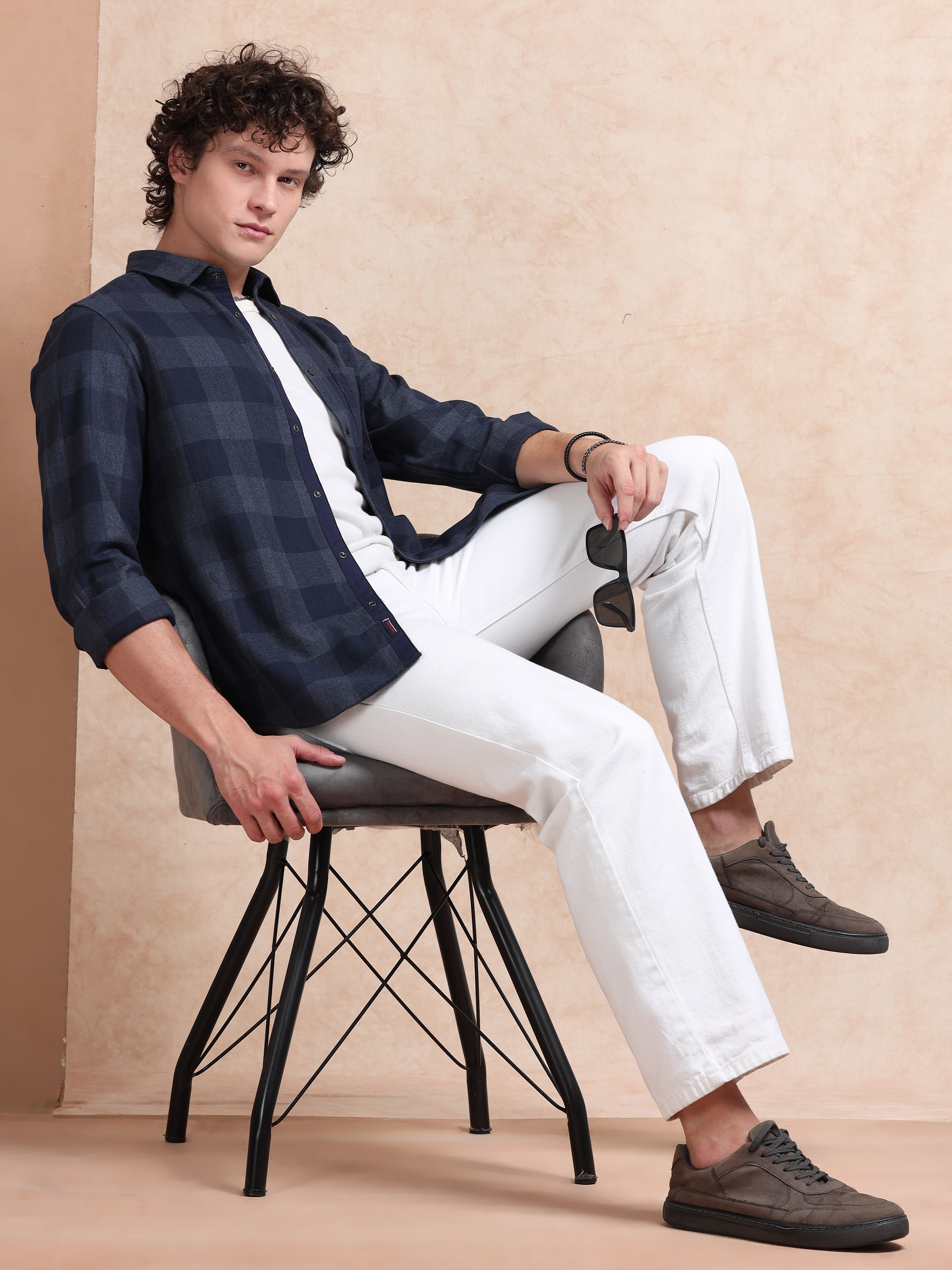 MEN'S NAVY CHECKS SLIM FIT SHIRT