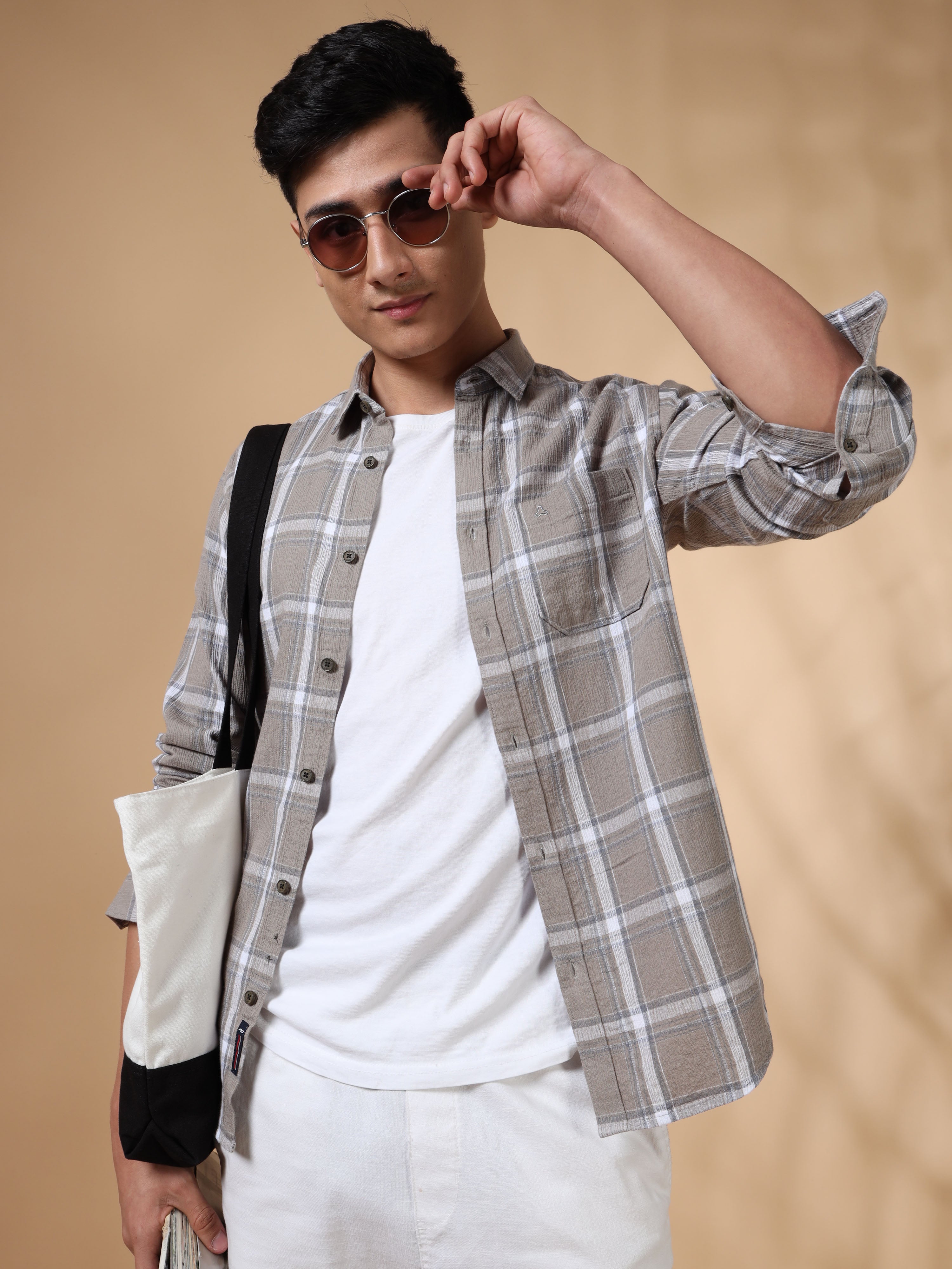 MEN'S BEIGE CHECKS SLIM FIT SHIRT