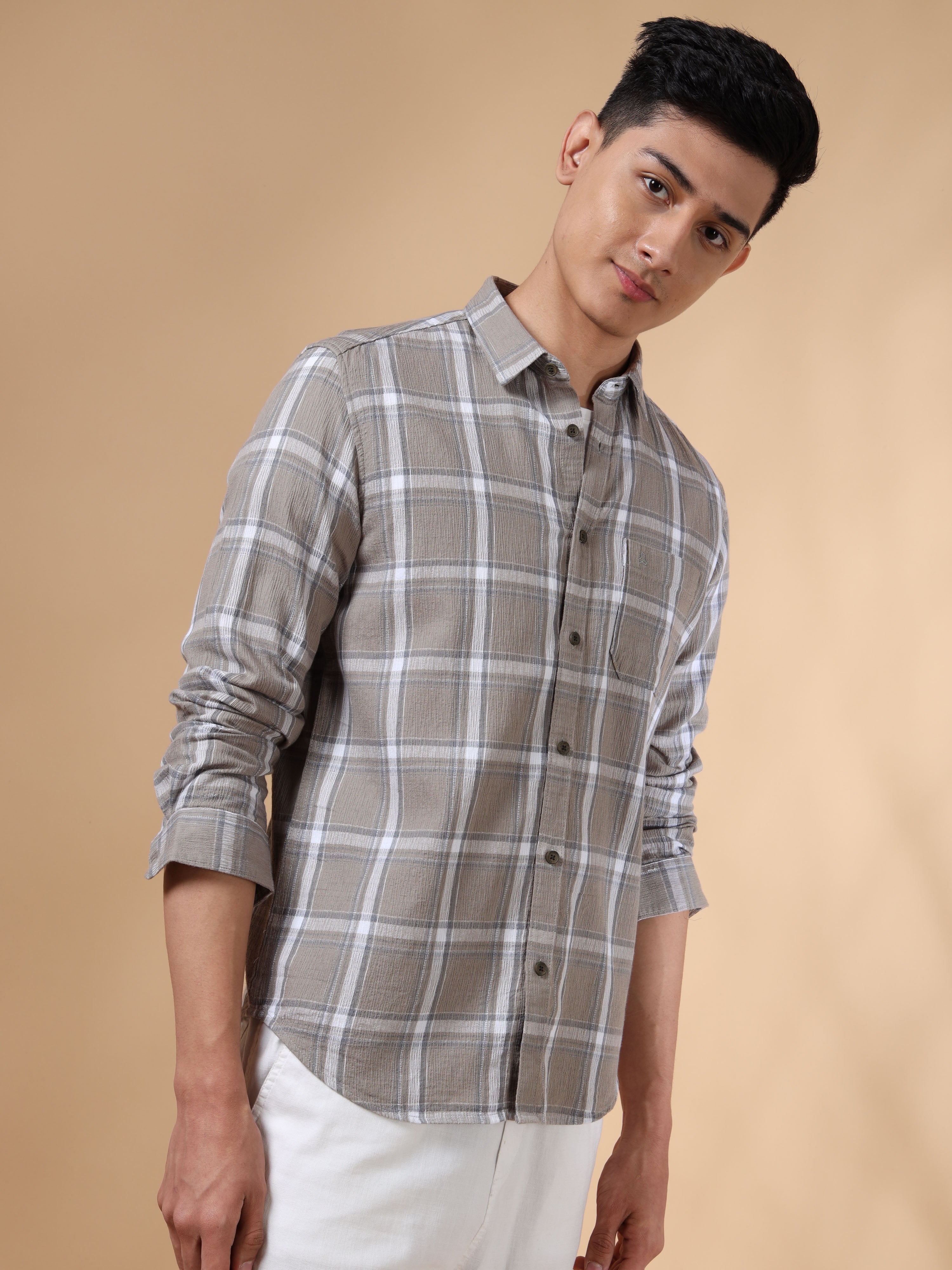 MEN'S BEIGE CHECKS SLIM FIT SHIRT