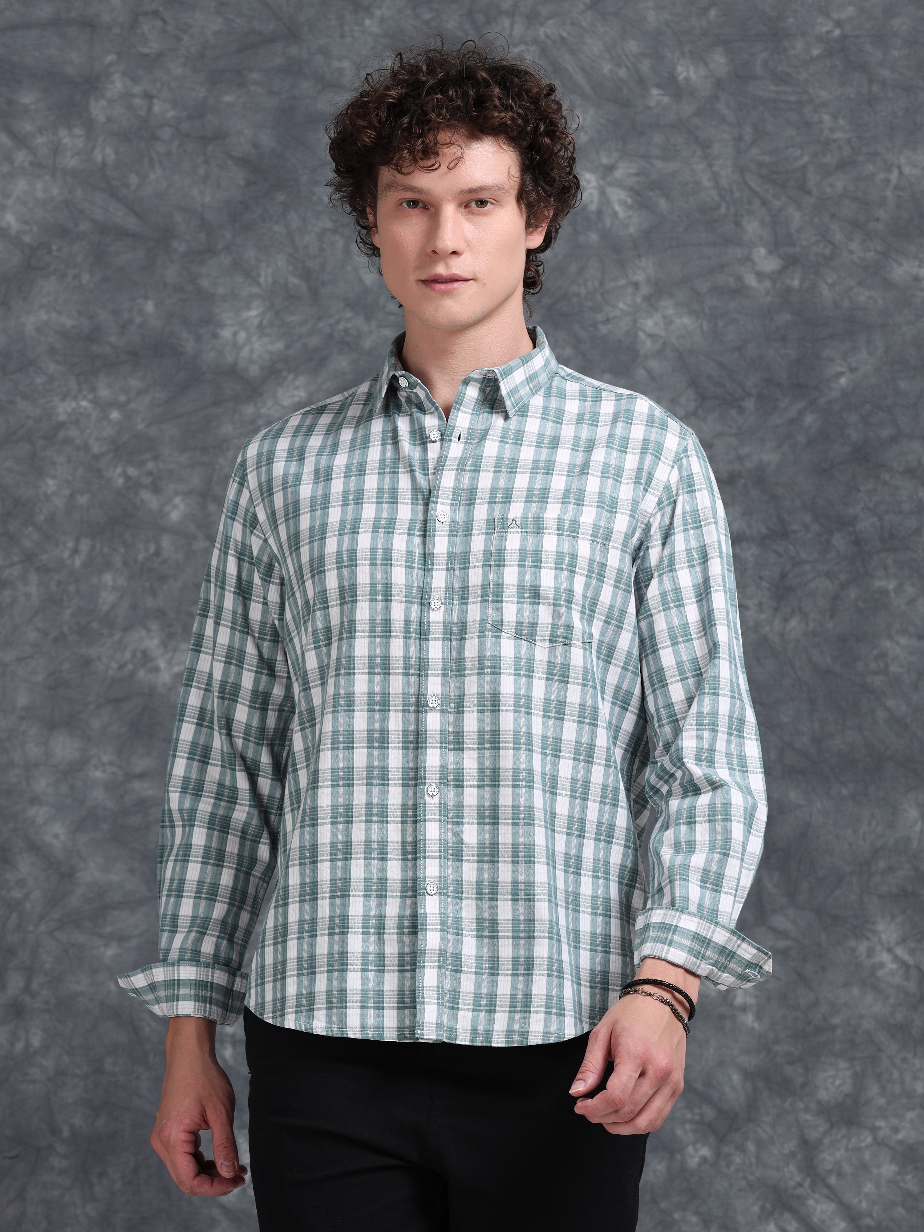 MEN'S LT.GREEN CHECKS SLIM FIT SHIRT