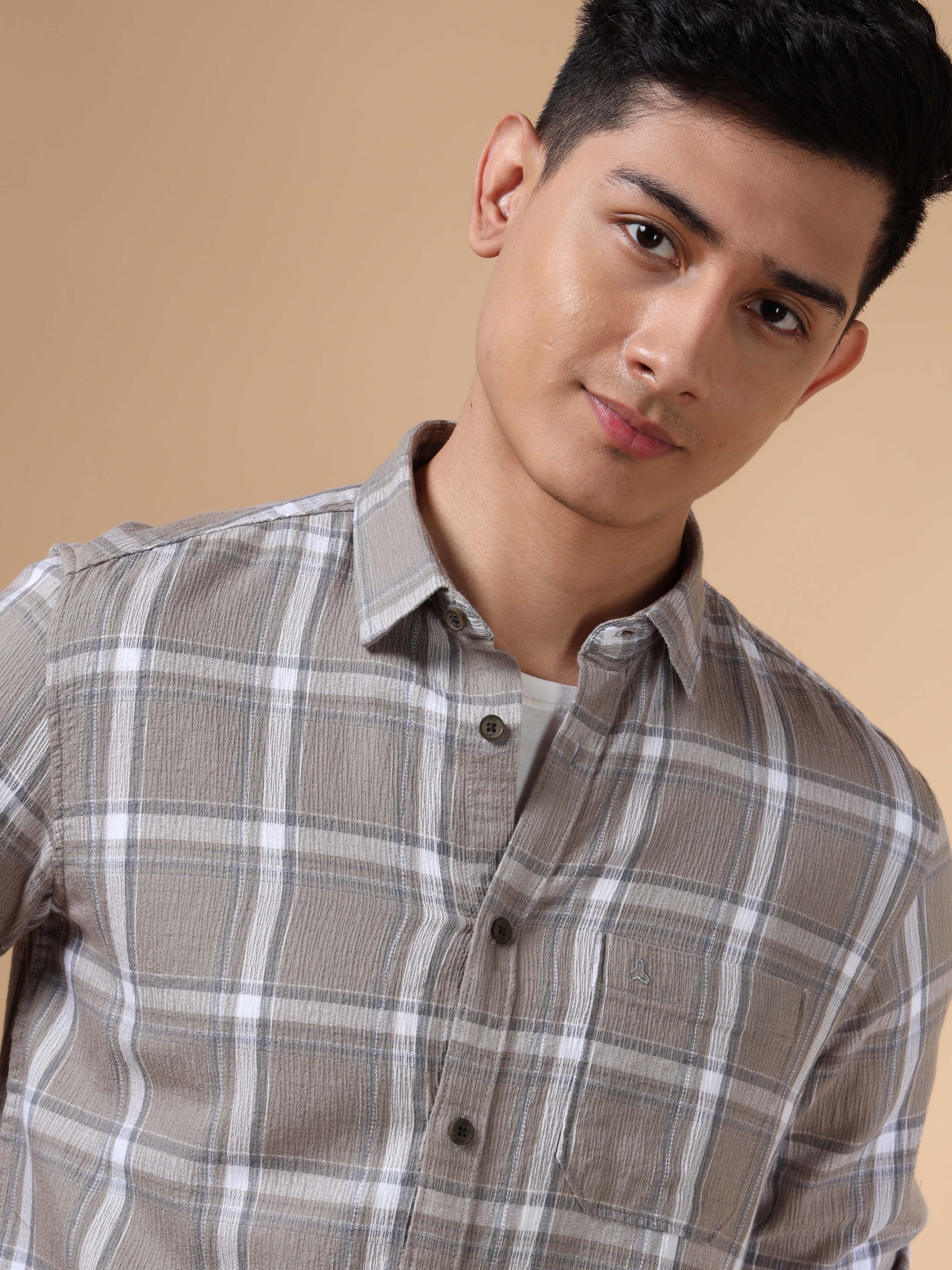 MEN'S BEIGE CHECKS SLIM FIT SHIRT