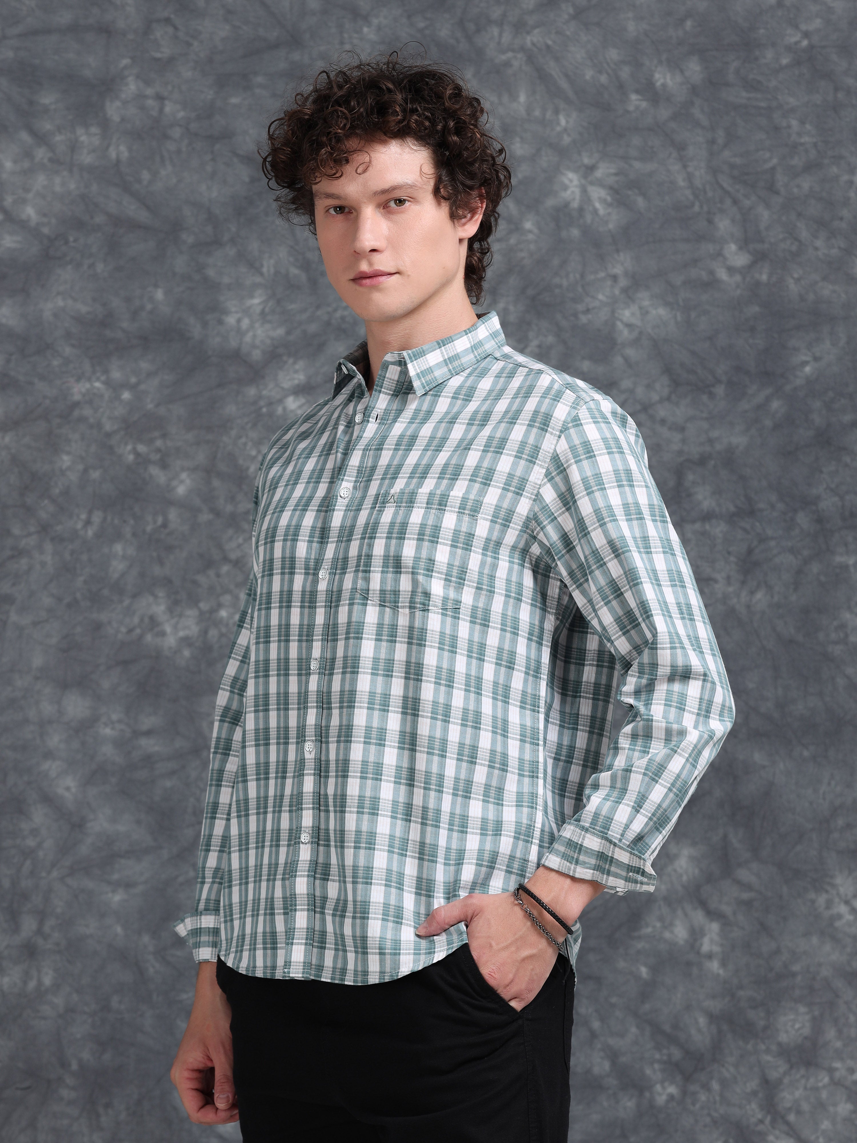 MEN'S LT.GREEN CHECKS SLIM FIT SHIRT