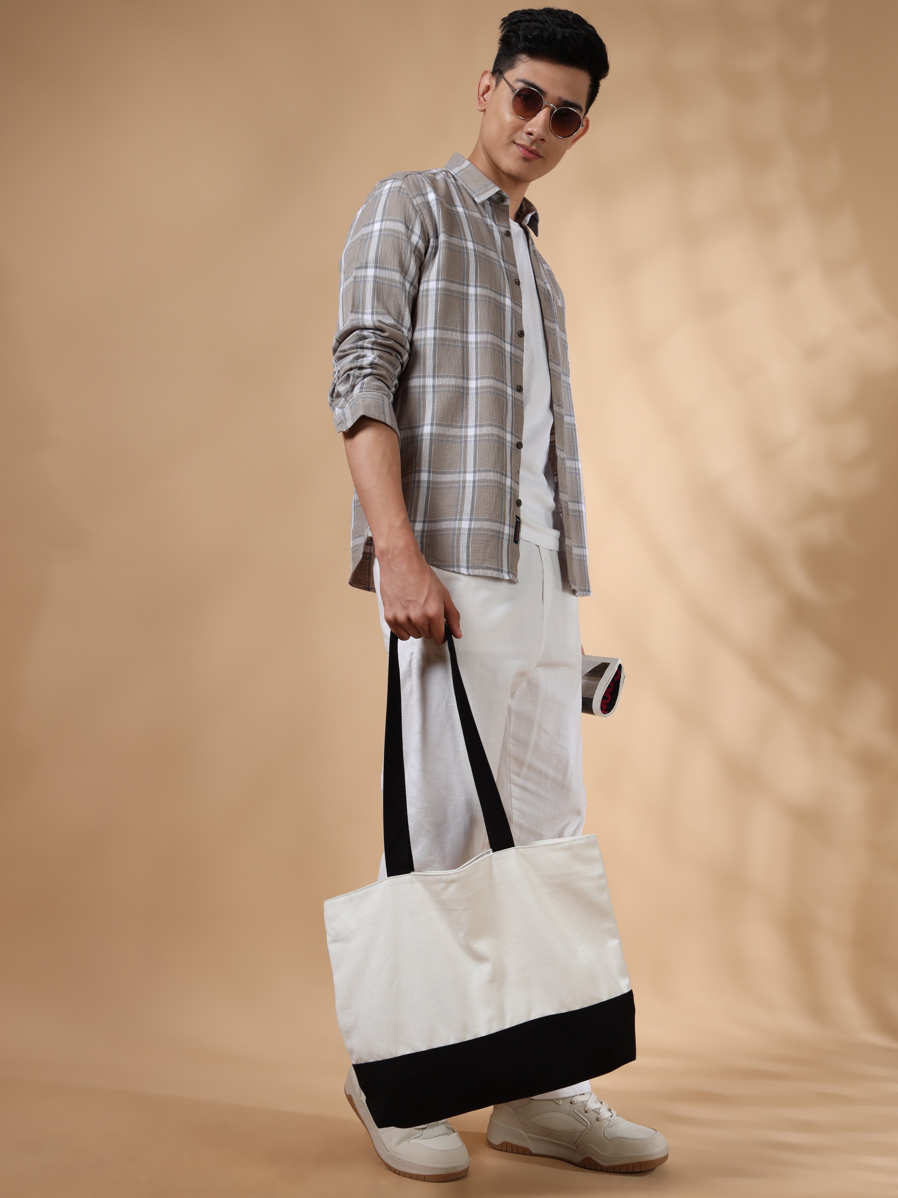 MEN'S BEIGE CHECKS SLIM FIT SHIRT