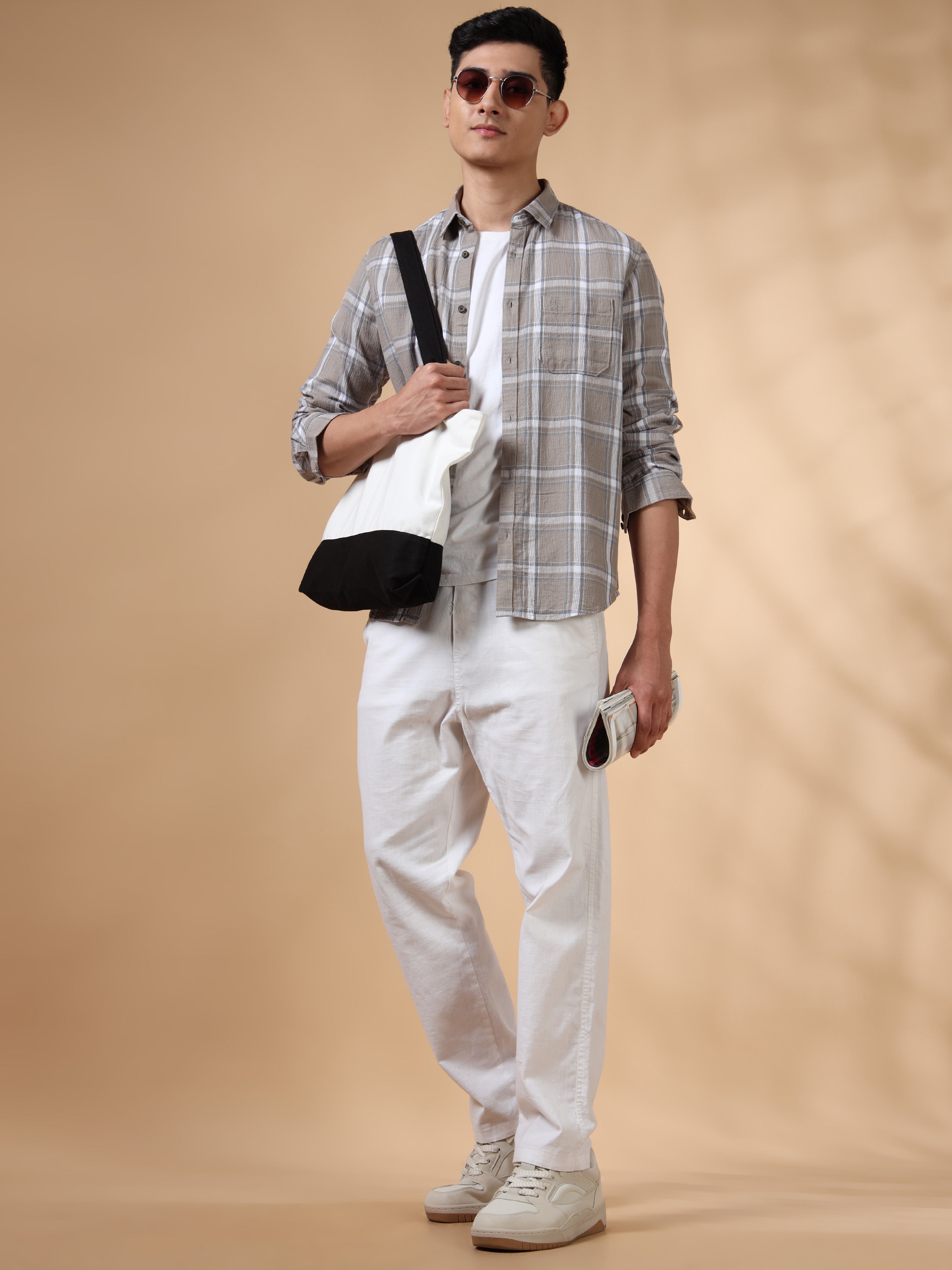 MEN'S BEIGE CHECKS SLIM FIT SHIRT