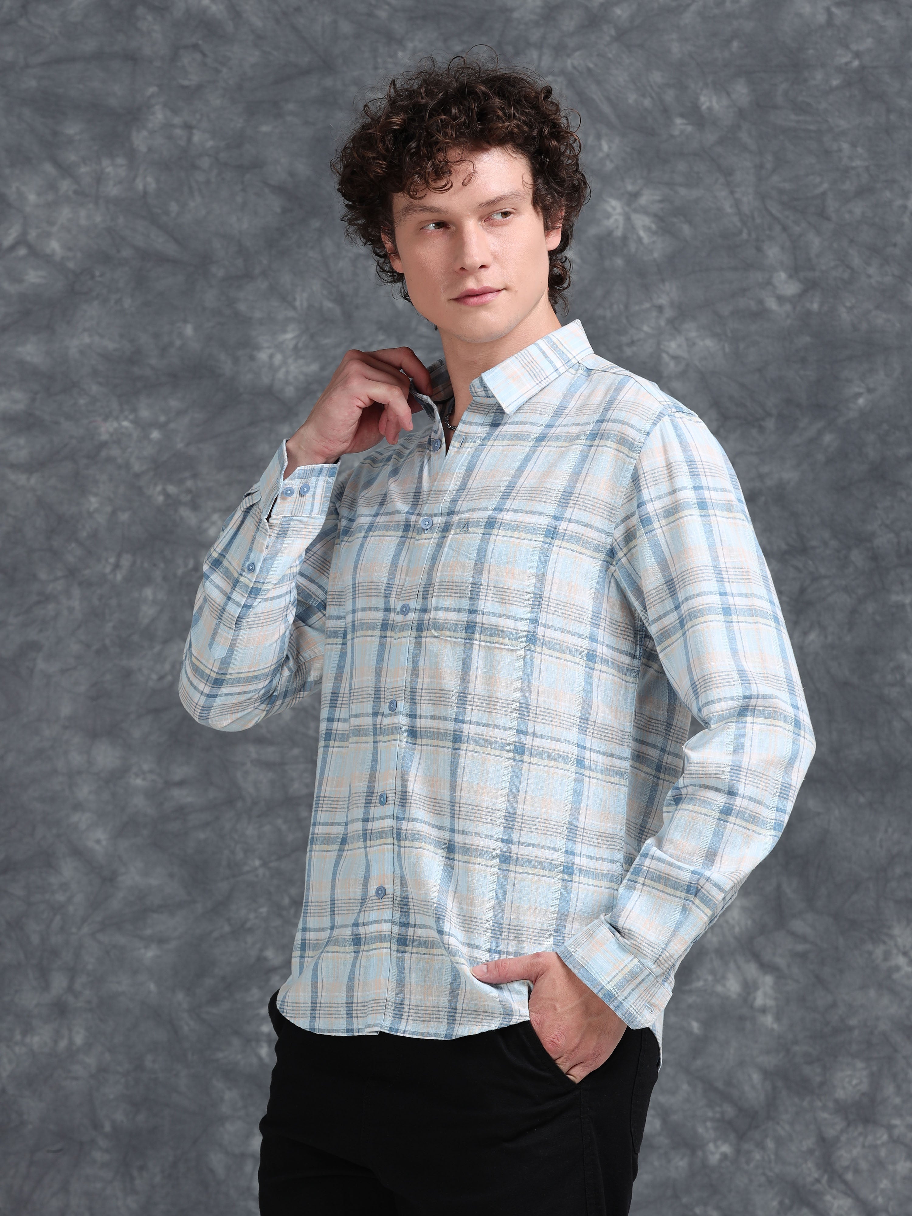 MEN'S LT.BLUE CHECKS SLIM FIT SHIRT