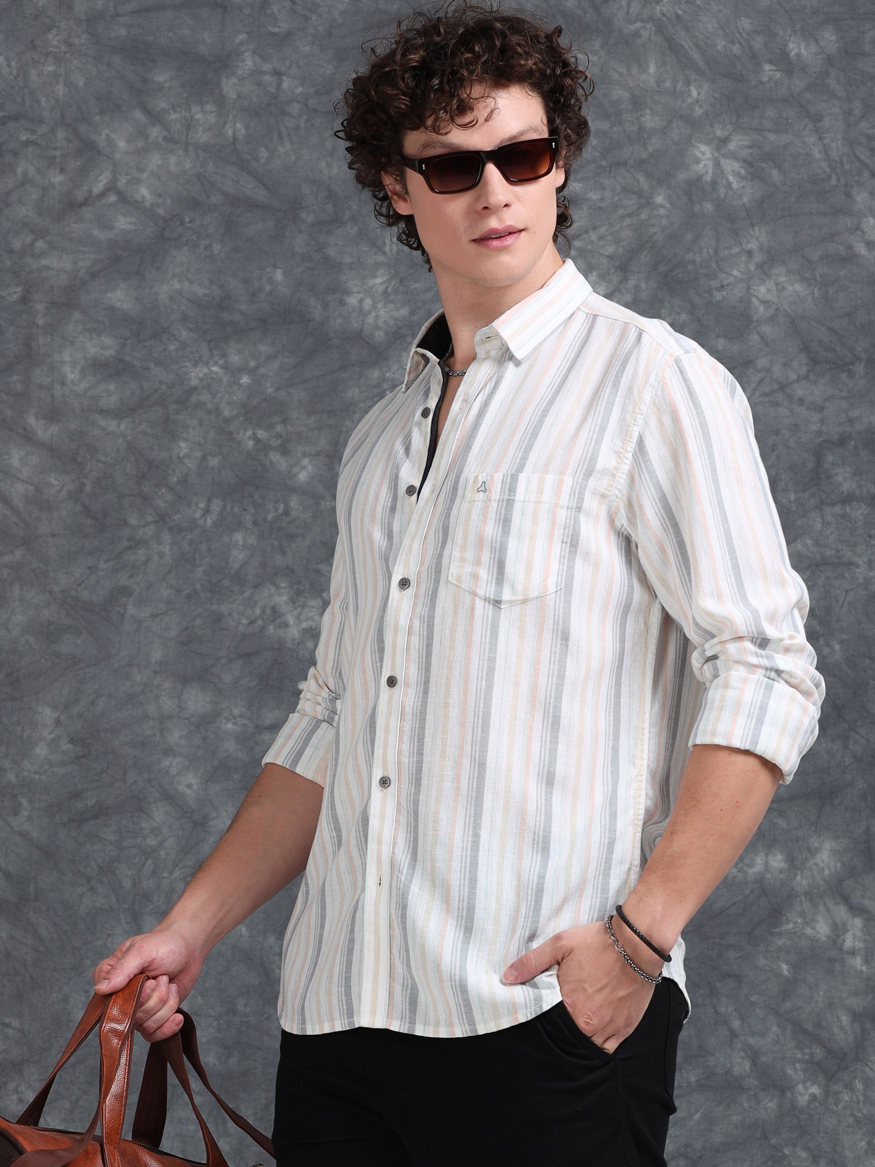 MEN'S LT.ORANGE STRIPE SLIM FIT SHIRT