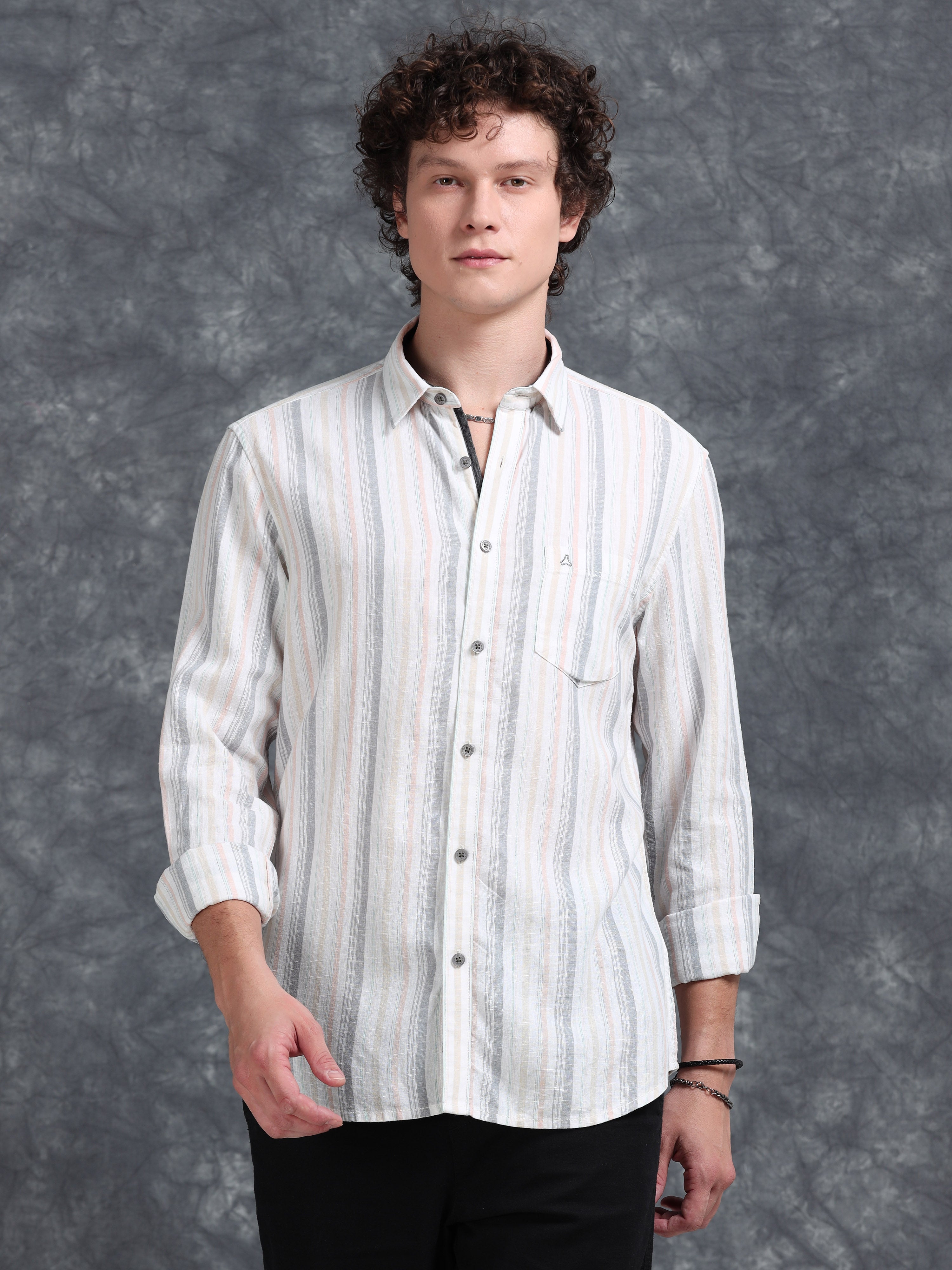 MEN'S LT.ORANGE STRIPE SLIM FIT SHIRT