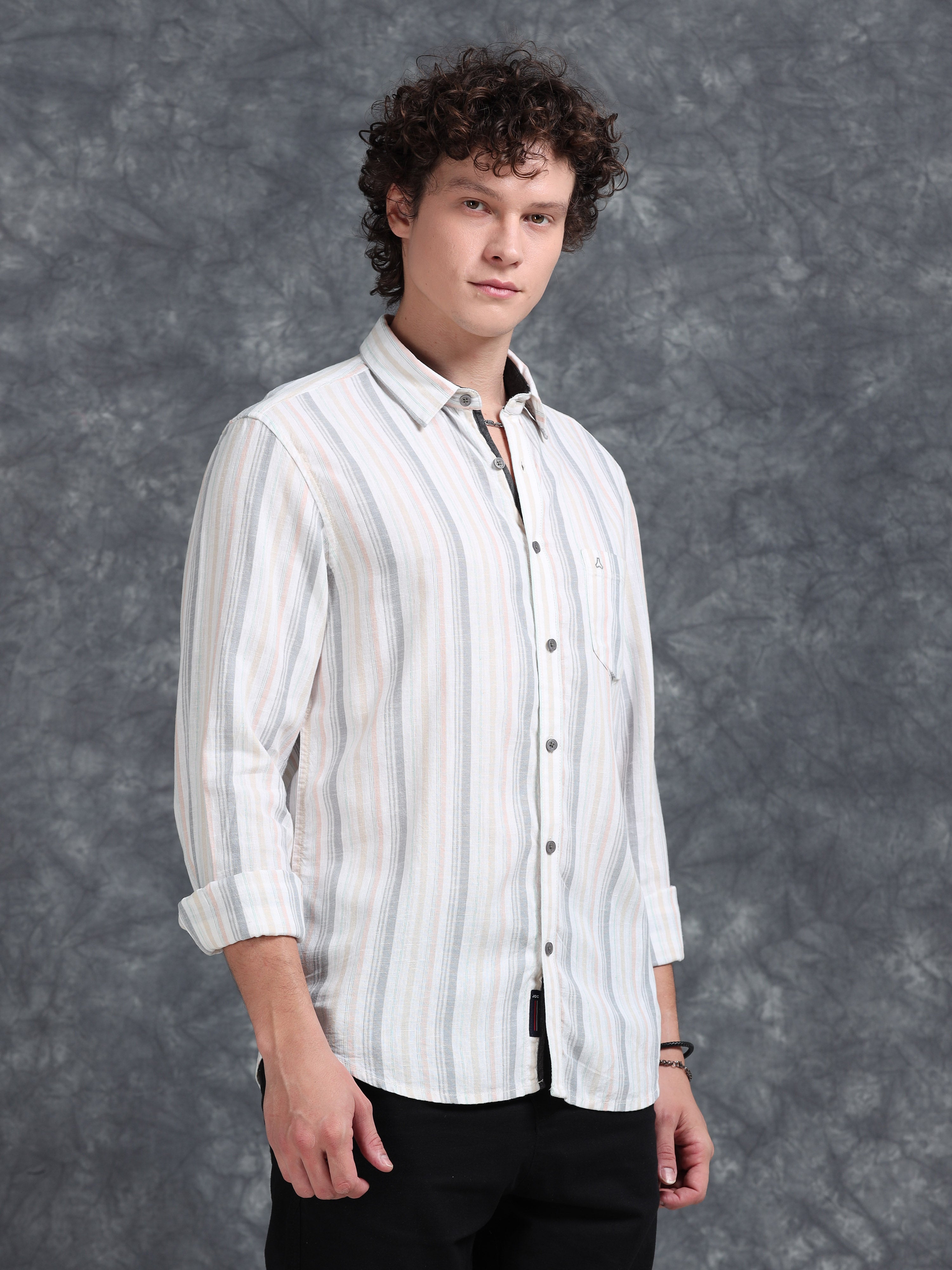 MEN'S LT.ORANGE STRIPE SLIM FIT SHIRT
