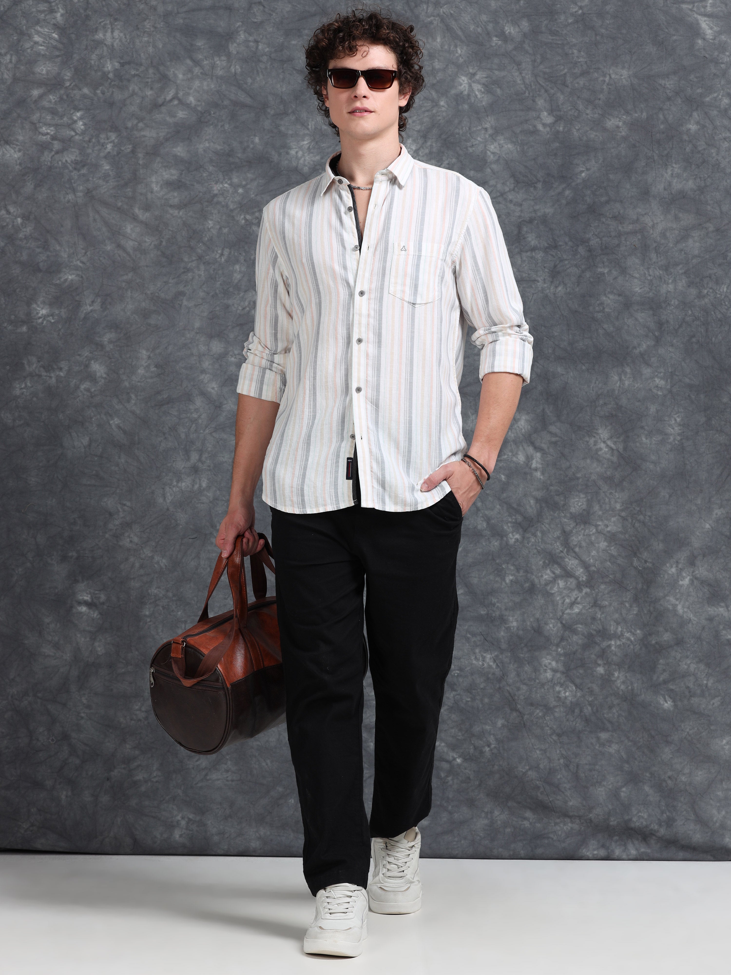 MEN'S LT.ORANGE STRIPE SLIM FIT SHIRT