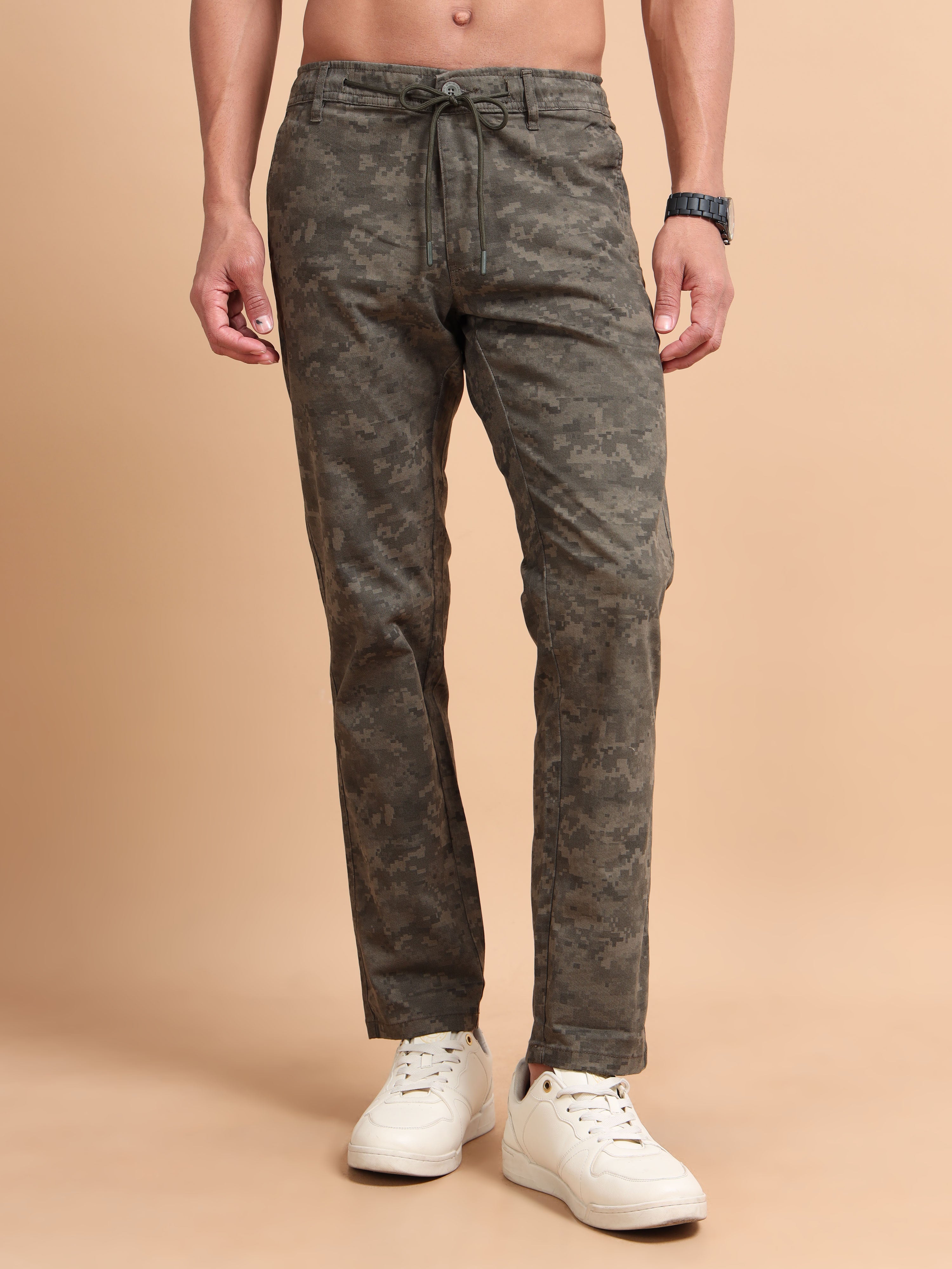 MEN'S OLIVE PRINT REGULAR FIT TROUSER