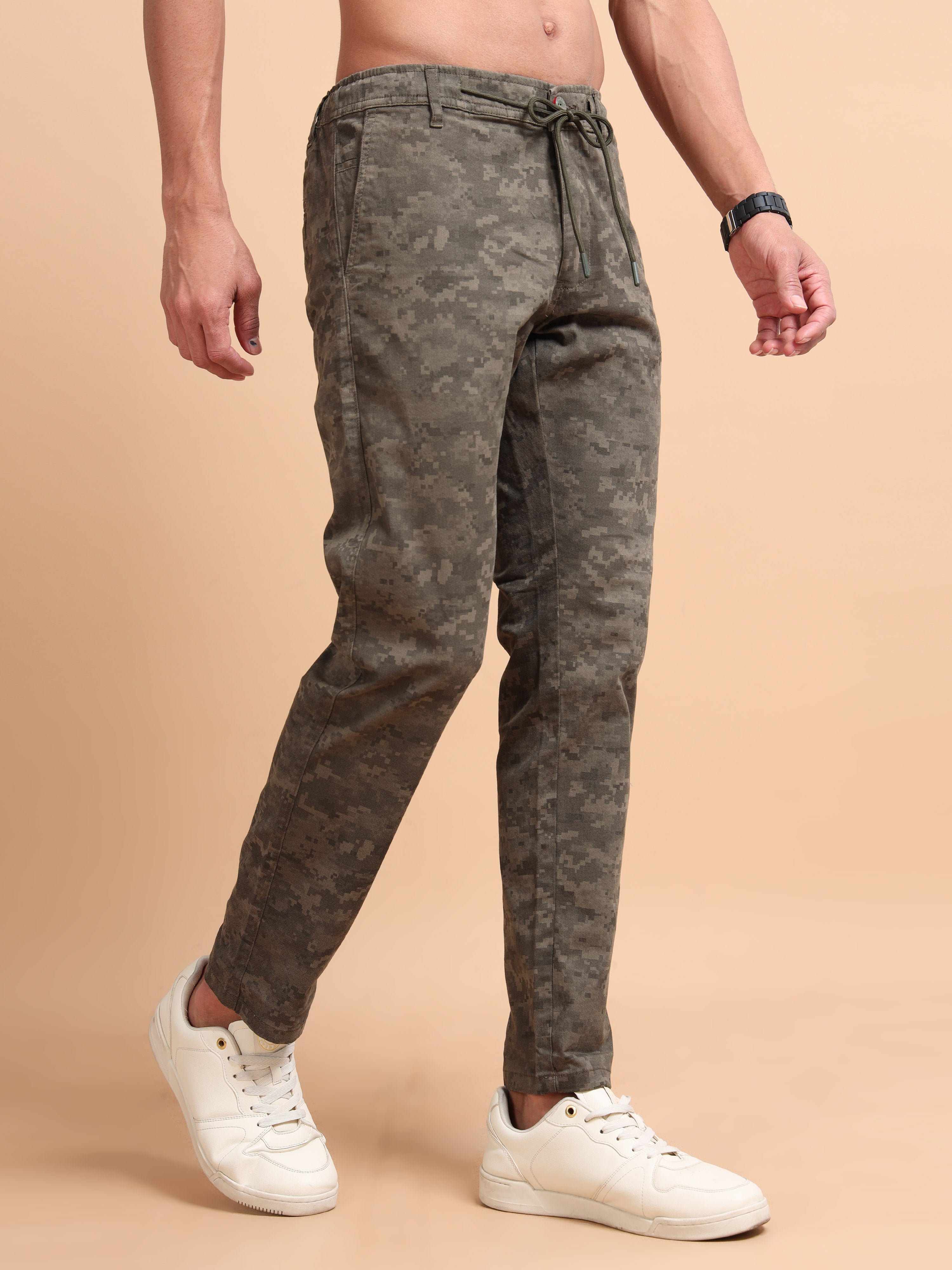 MEN'S OLIVE PRINT REGULAR FIT TROUSER