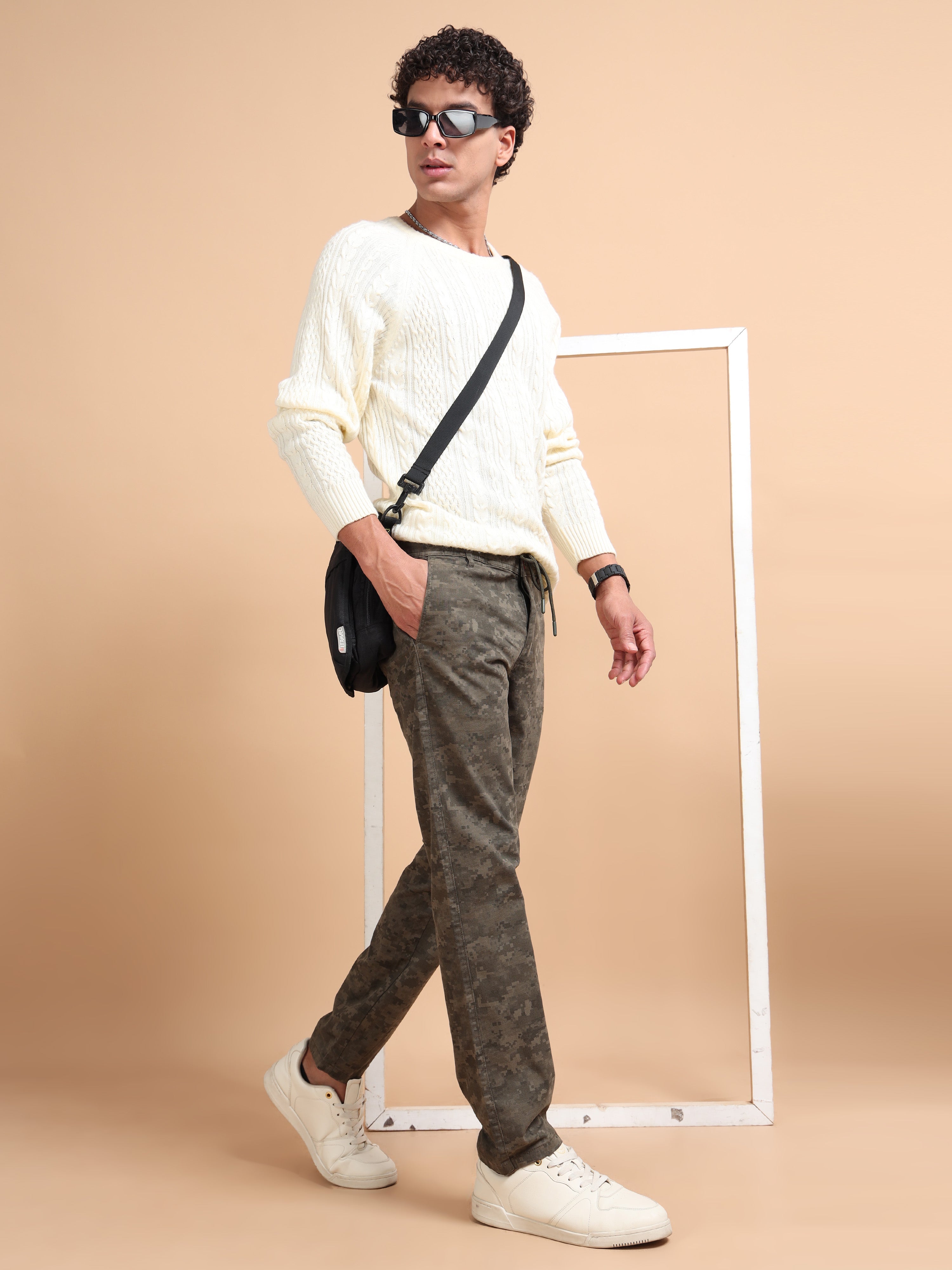 MEN'S OLIVE PRINT REGULAR FIT TROUSER