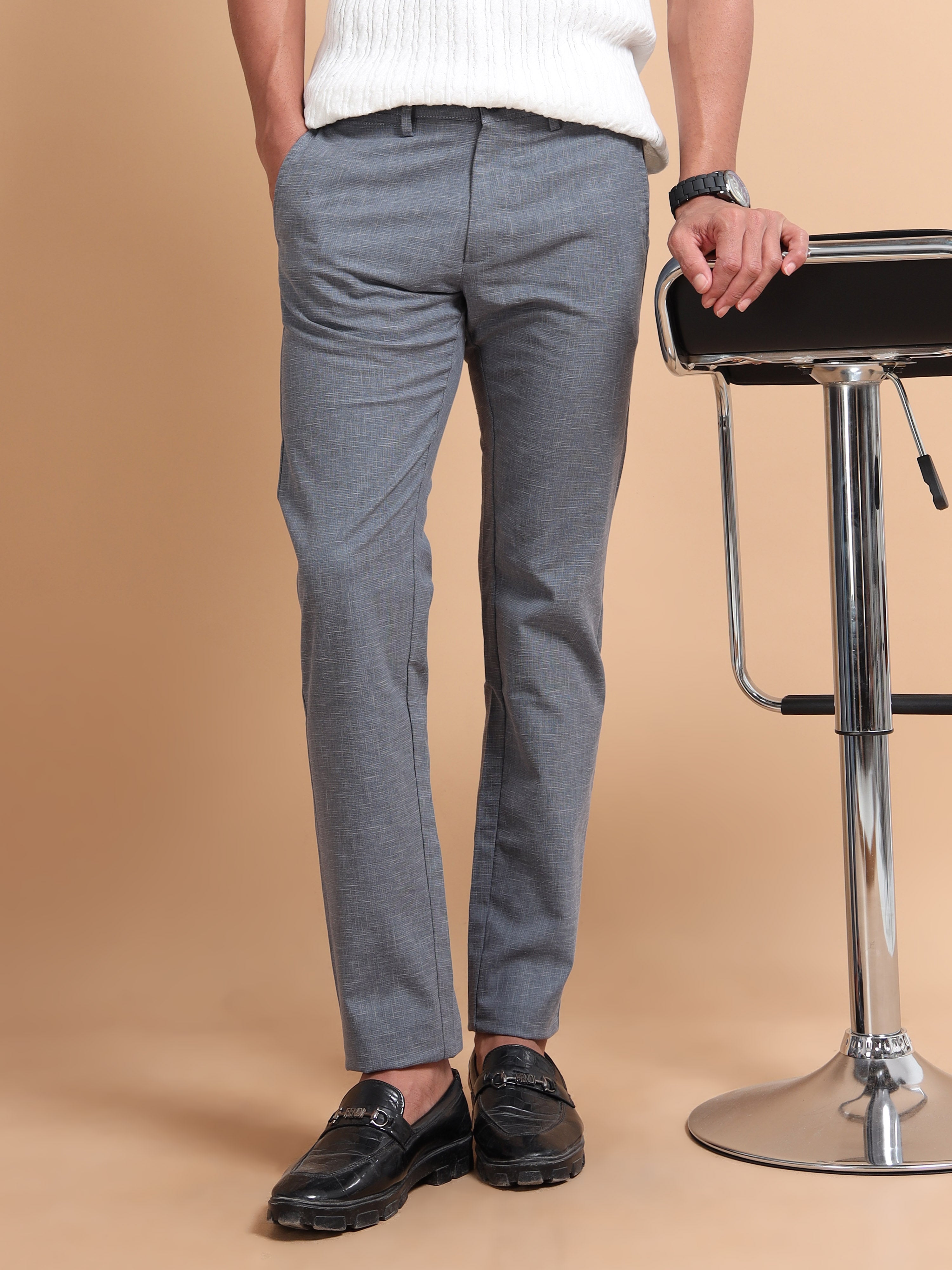 MEN'S GREY SOLID SLIM FIT TROUSER