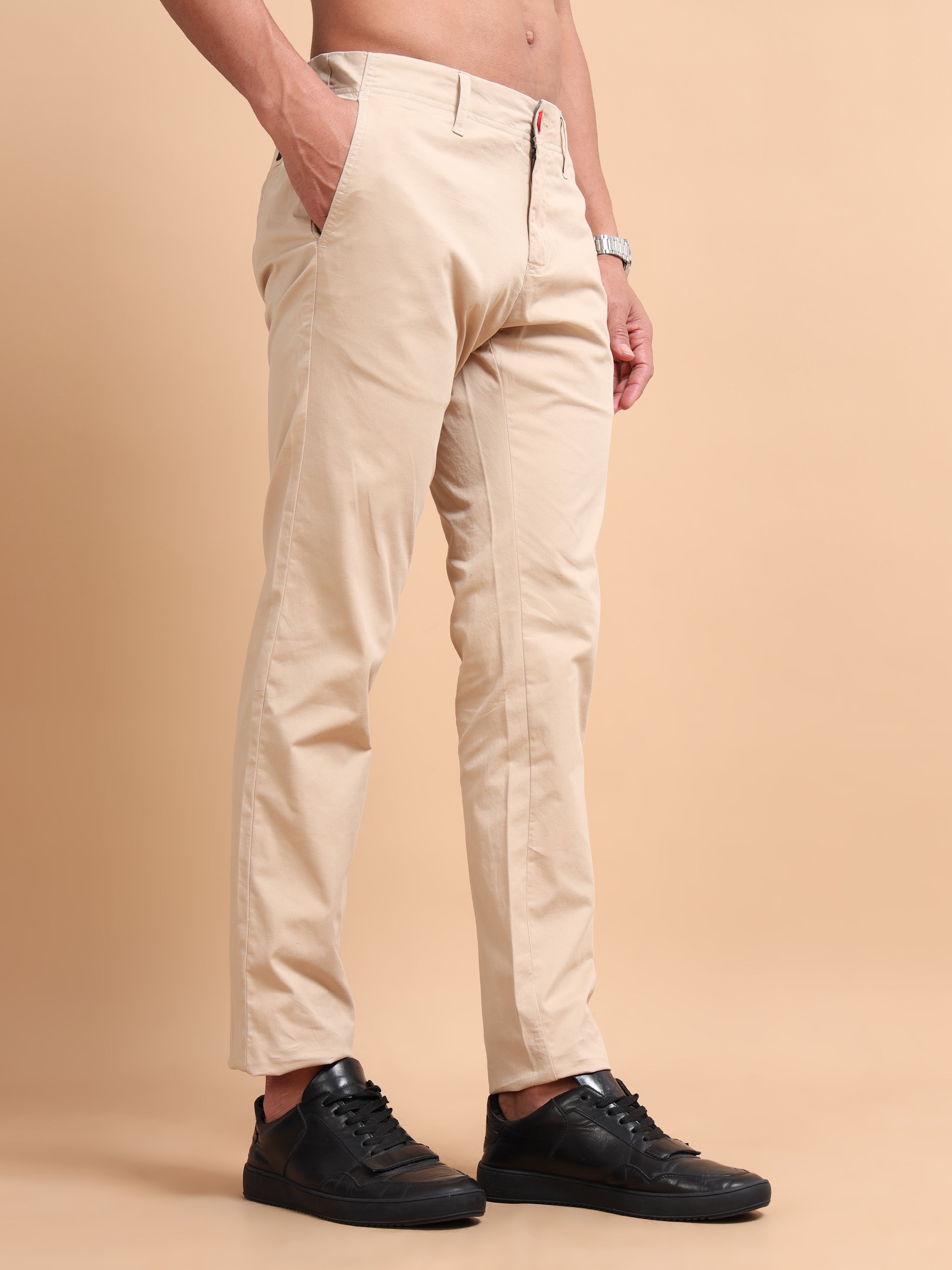 MEN'S KHAKI SOLID SLIM FIT TROUSER