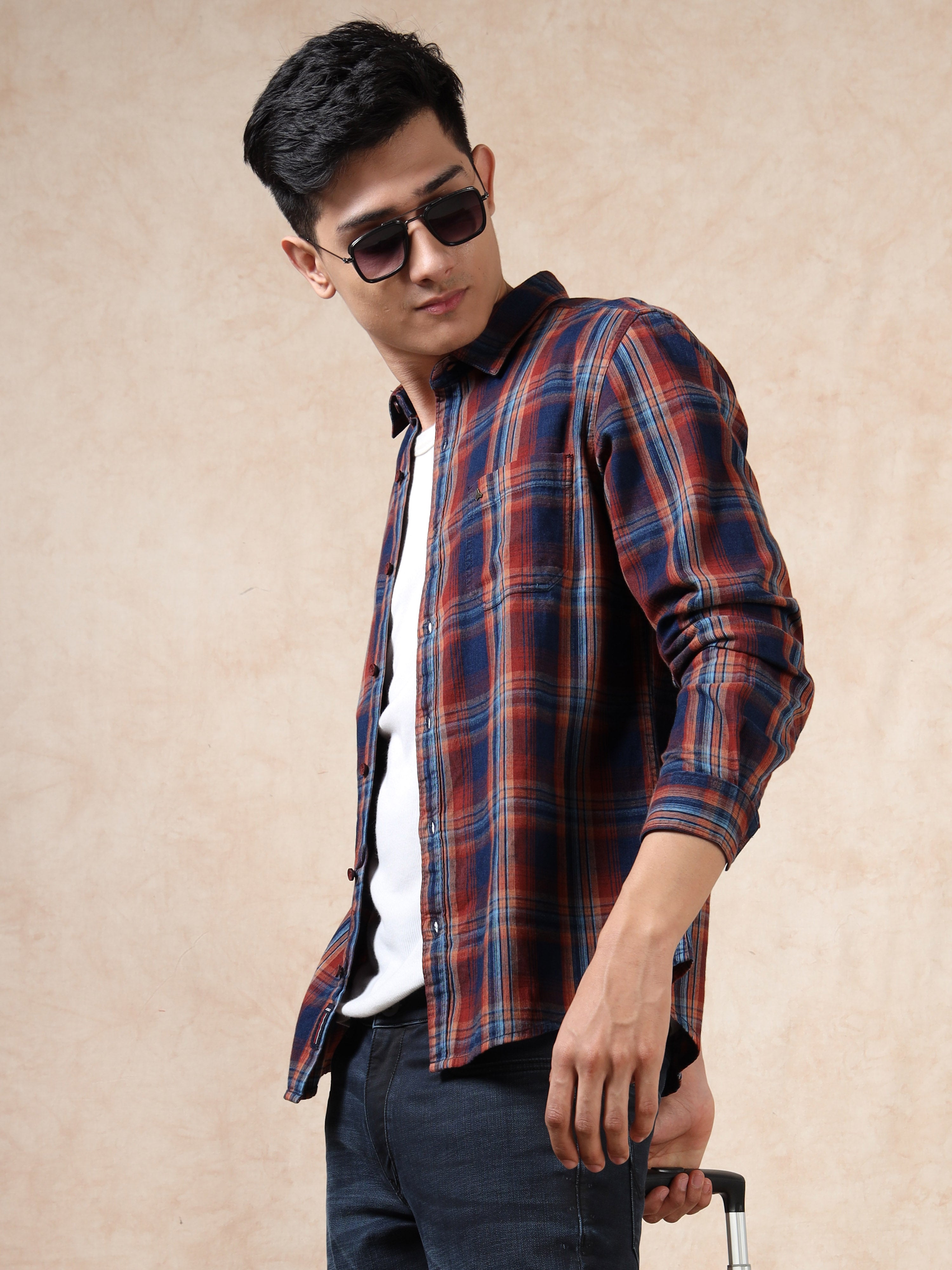 MEN'S DK.KHAKI CHECKS SLIM FIT SHIRT
