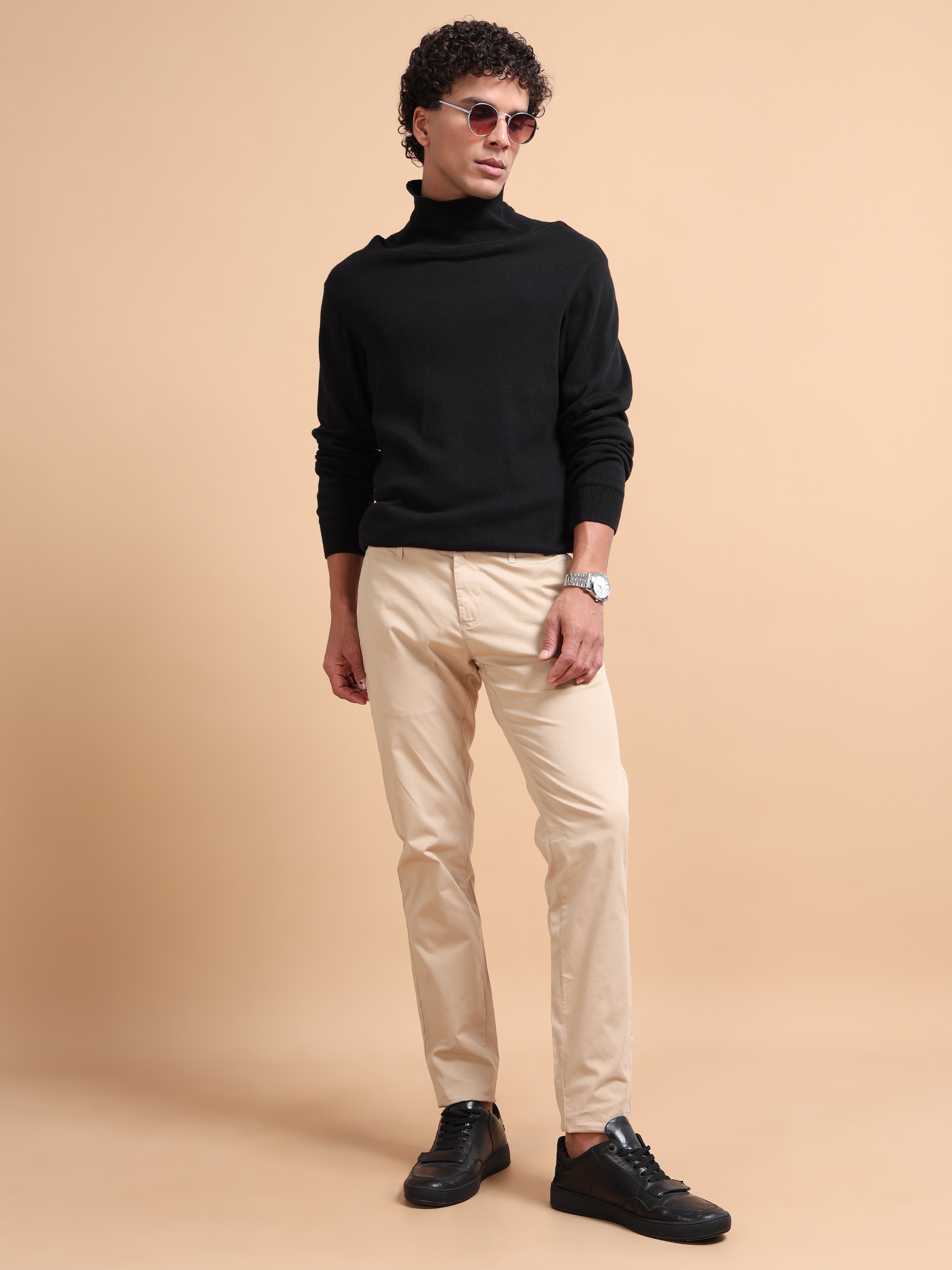 MEN'S KHAKI SOLID SLIM FIT TROUSER