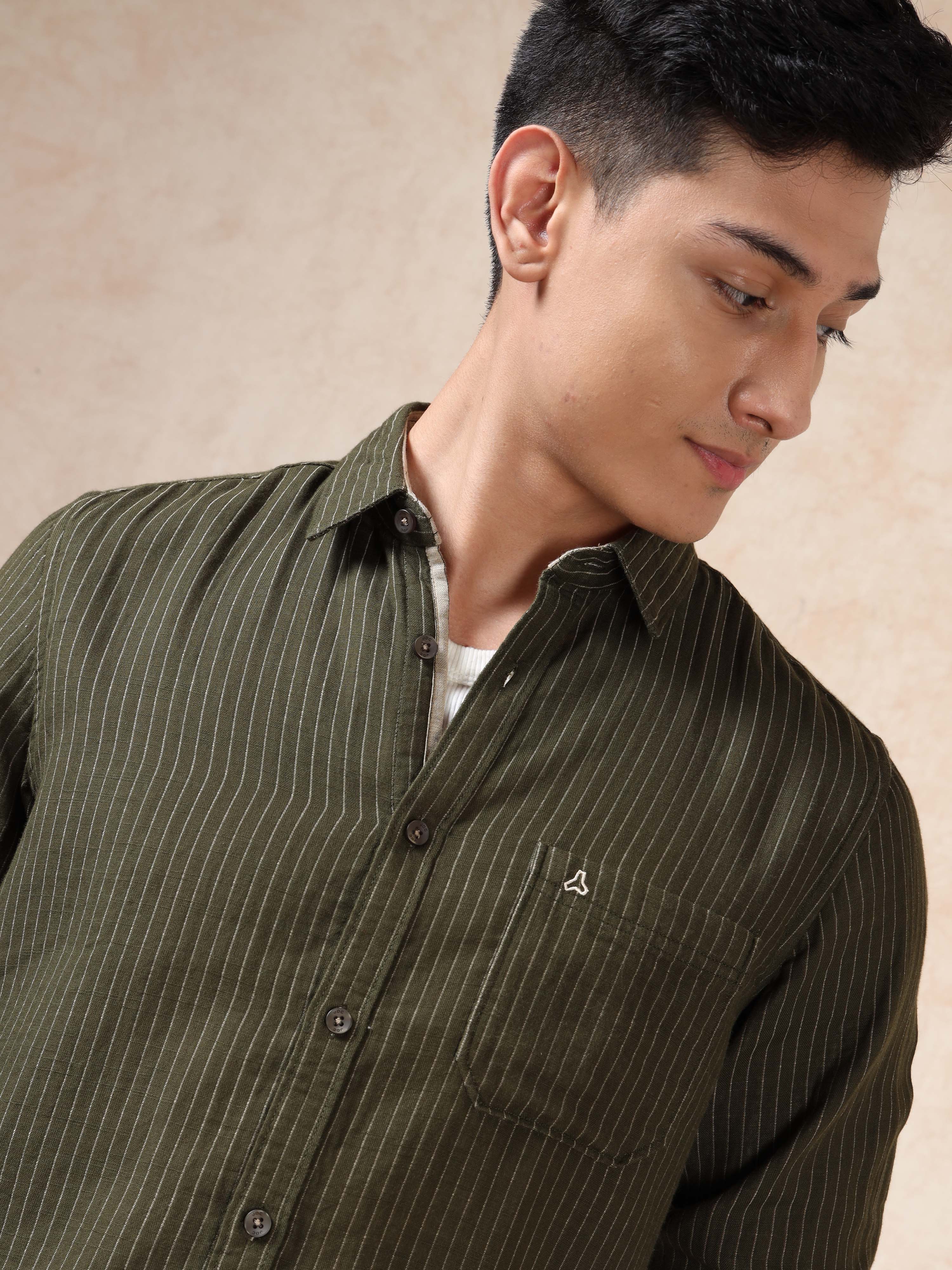 MEN'S BT GREEN STRIPE SLIM FIT SHIRT