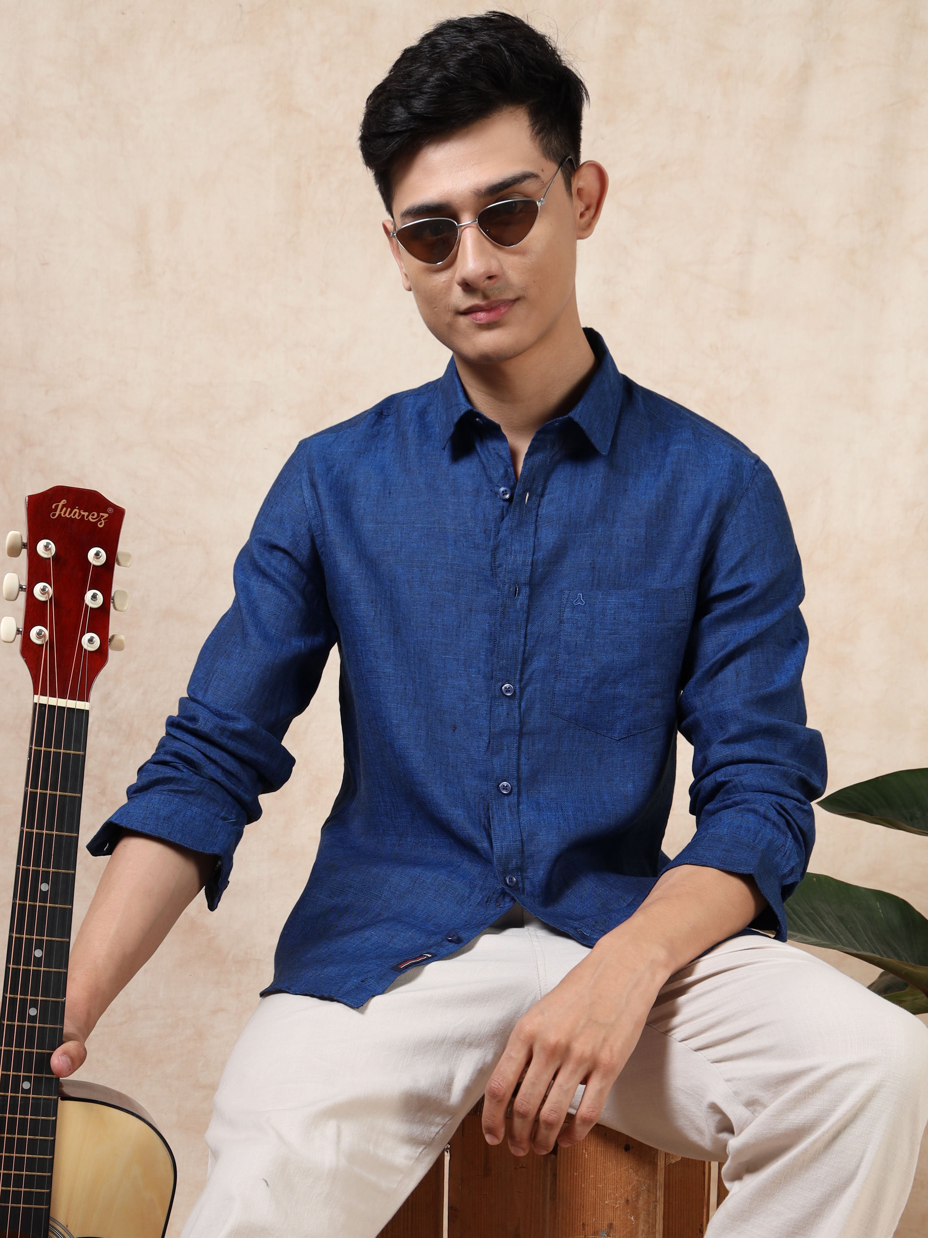MEN'S DK.BLUE SOLID SLIM FIT LINEN SHIRT