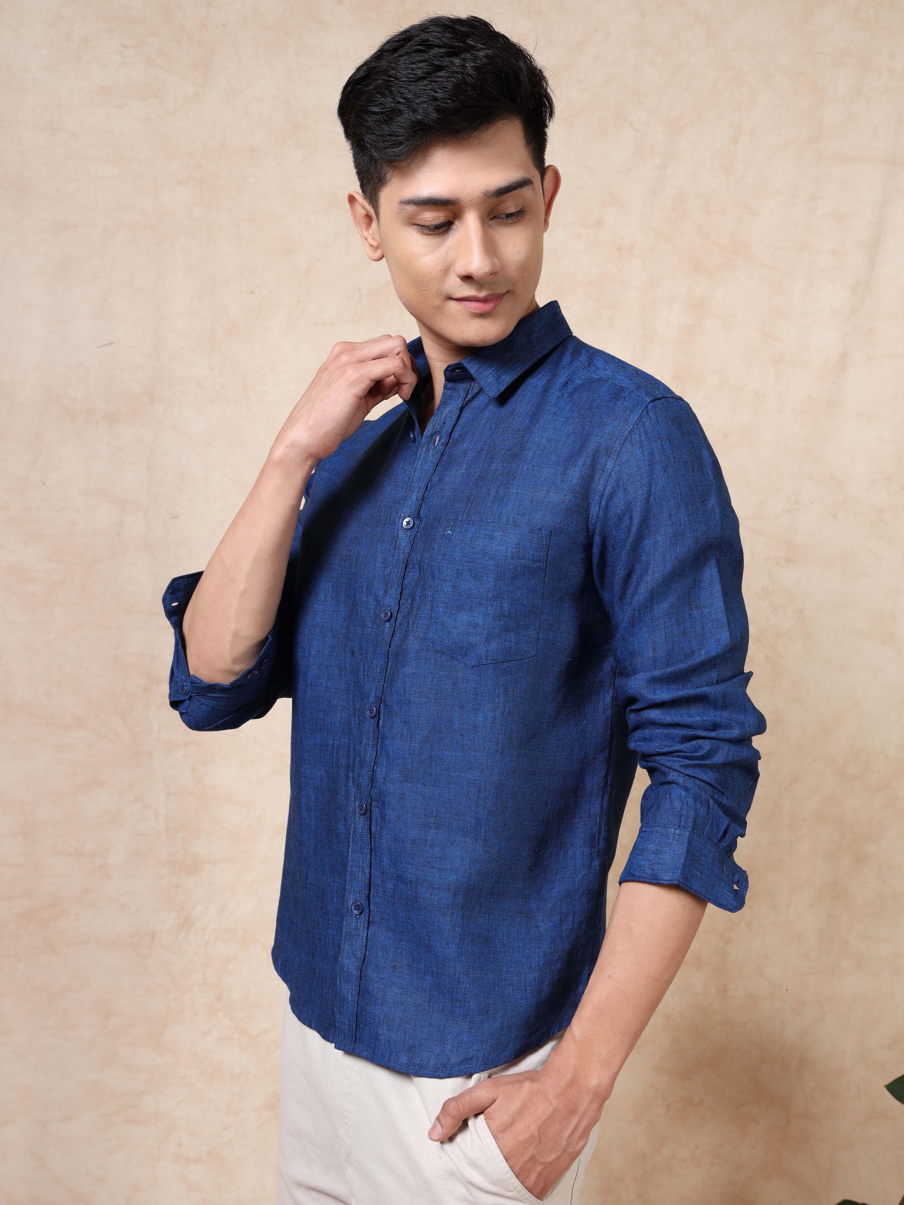 MEN'S DK.BLUE SOLID SLIM FIT LINEN SHIRT